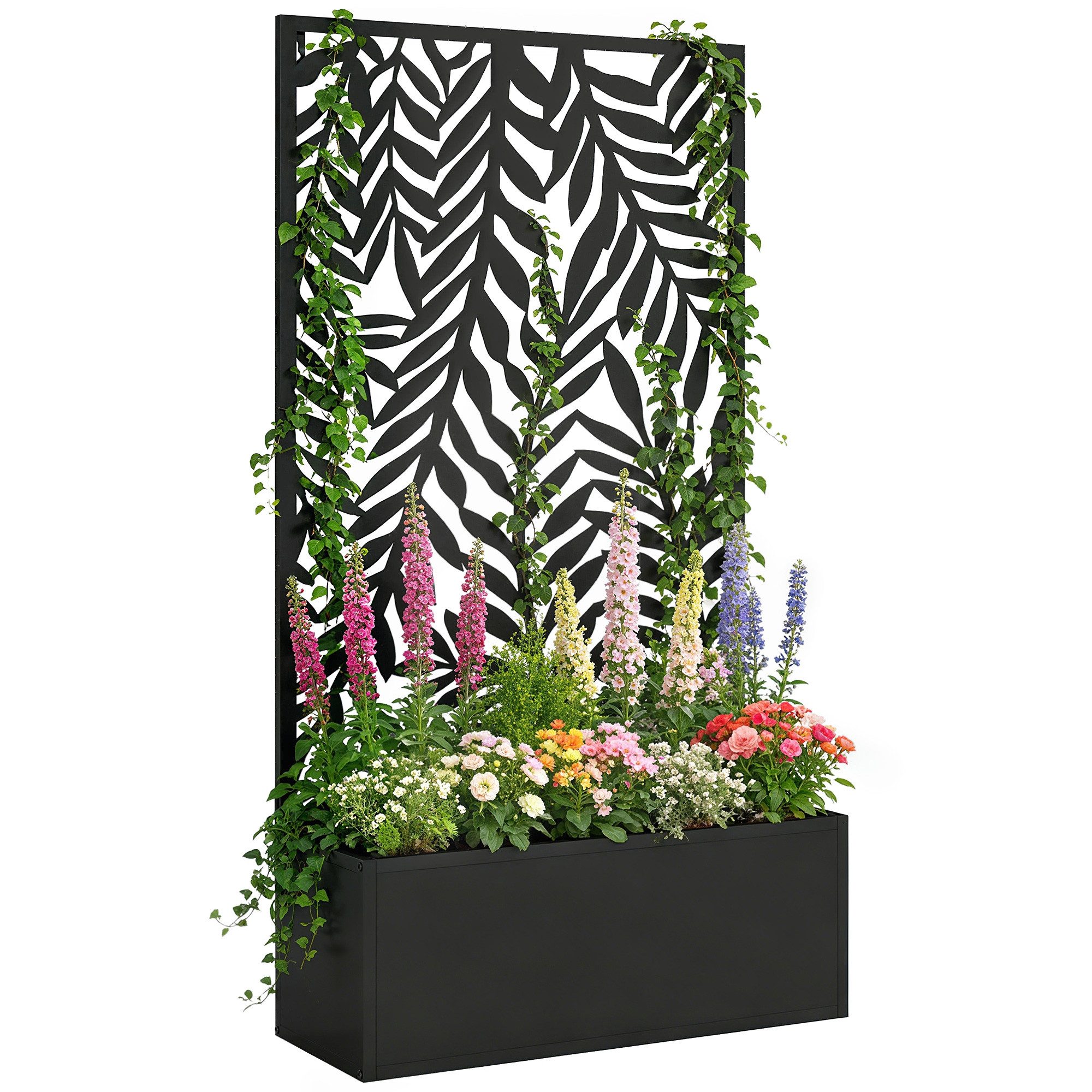 MC Star Blumenkasten Blumenkasten mit Sichtschutz Pflanzkasten (mit Rankgitter tropischen Blattmotiven 61 x 23 x 113 cm Schwarz)
