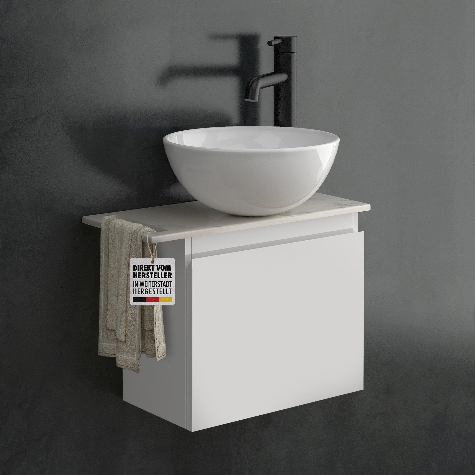 Alpenberger Badmöbel-Set mit Aufsatzwaschbecken Waschtisch mit Unterschrank & Keramikplatte, (Waschbecken Rund mit Nano Beschichtung, Waschbeckenunterschrank klein, hängend), Gäste WC Waschbecken mit Unterschrank Vormontiert