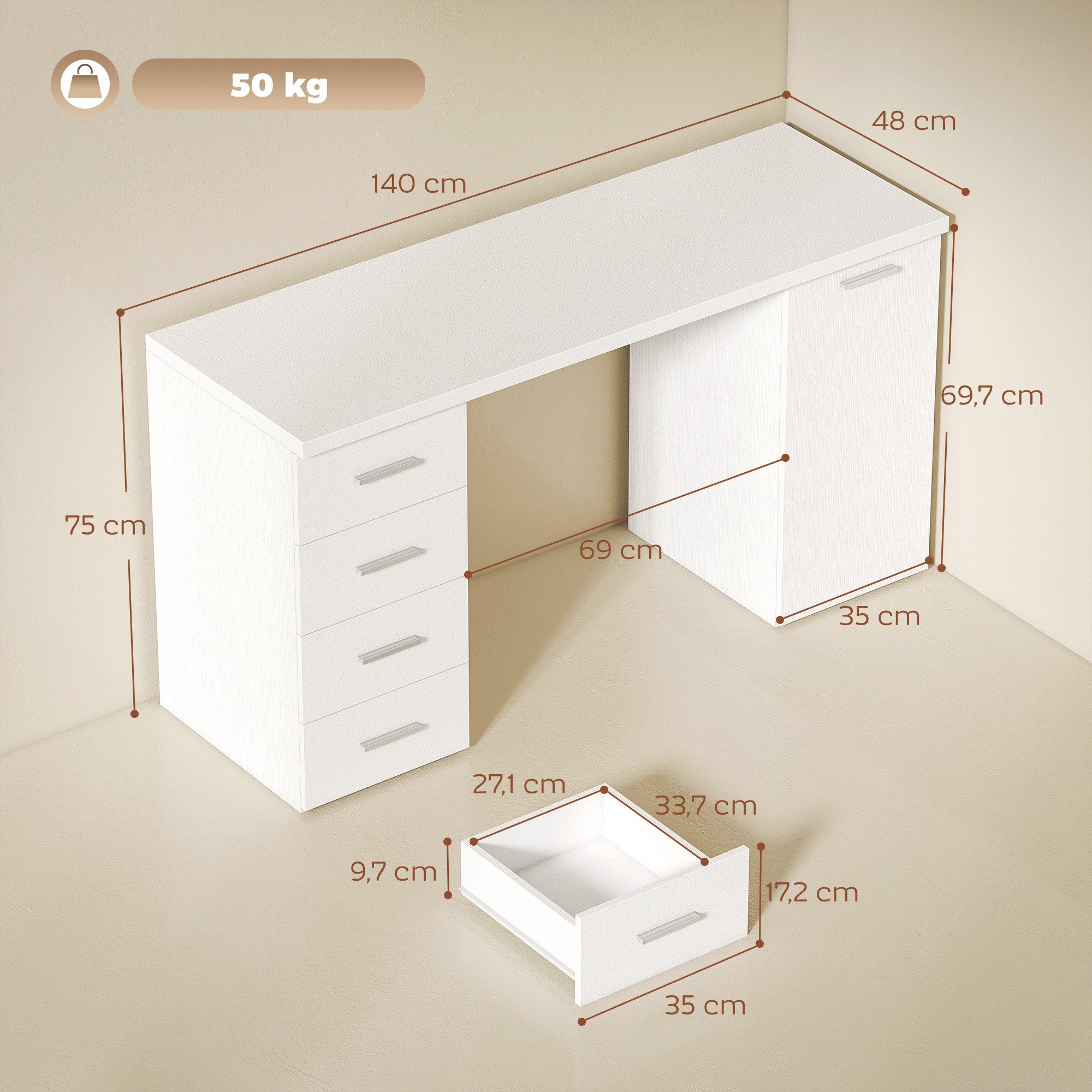 HOMCOM Schreibtisch Computertisch Moderner Bürotisch für Büro, Schlafzimmer, Weiß (1 Tisch, 1-St., PC Tisch), 140 cm breit, 4 Schubladen, Schrank, höhenverstellbares Regal