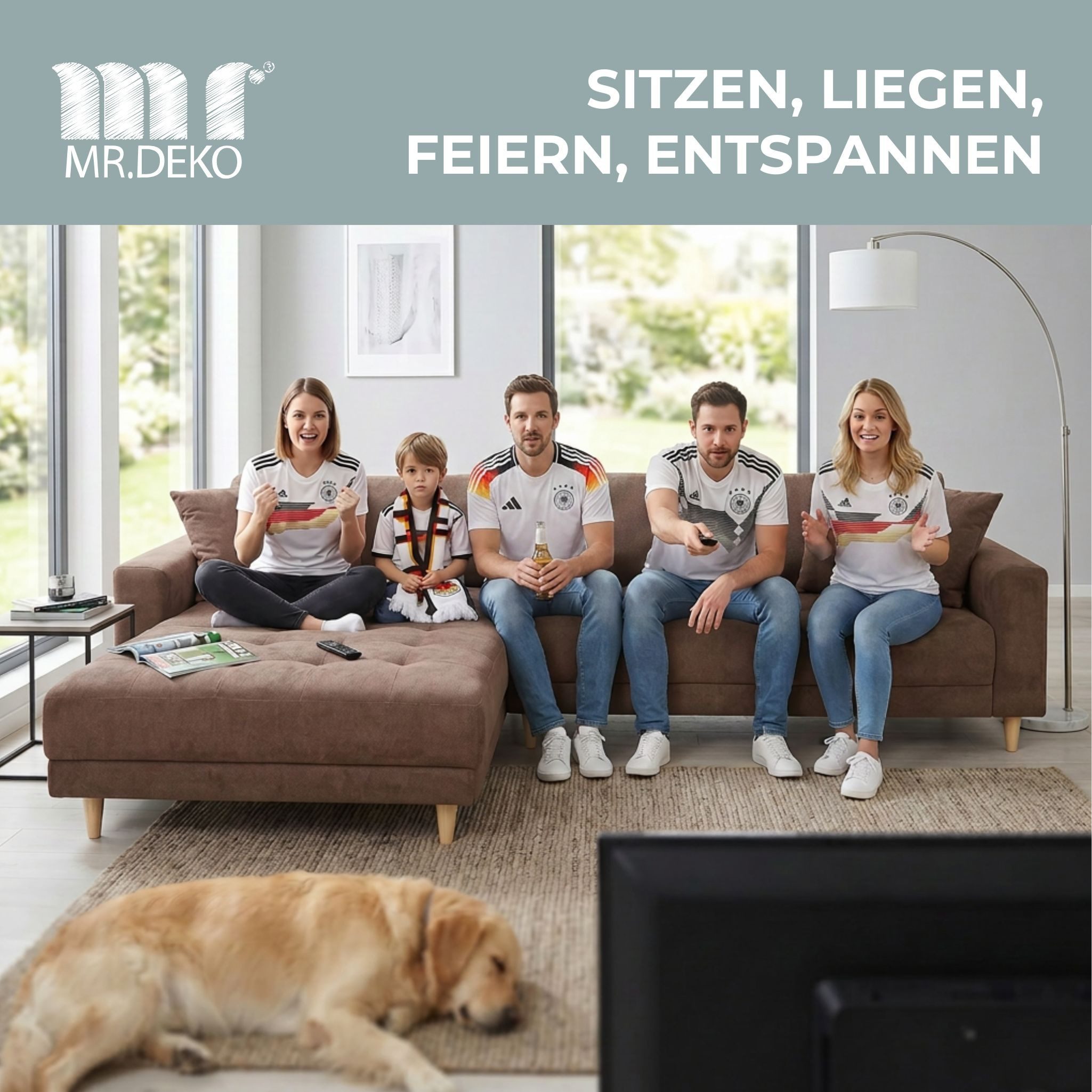 MR.DEKO Ecksofa Gorino Couch groß XXL Sofa Wohnzimmer Braun Strukturstoff, L-Form Polstersofa brown 283x176 cm 3 Teile, Ottomane beidseitig montierbar inklusive Kissen Holzfüße