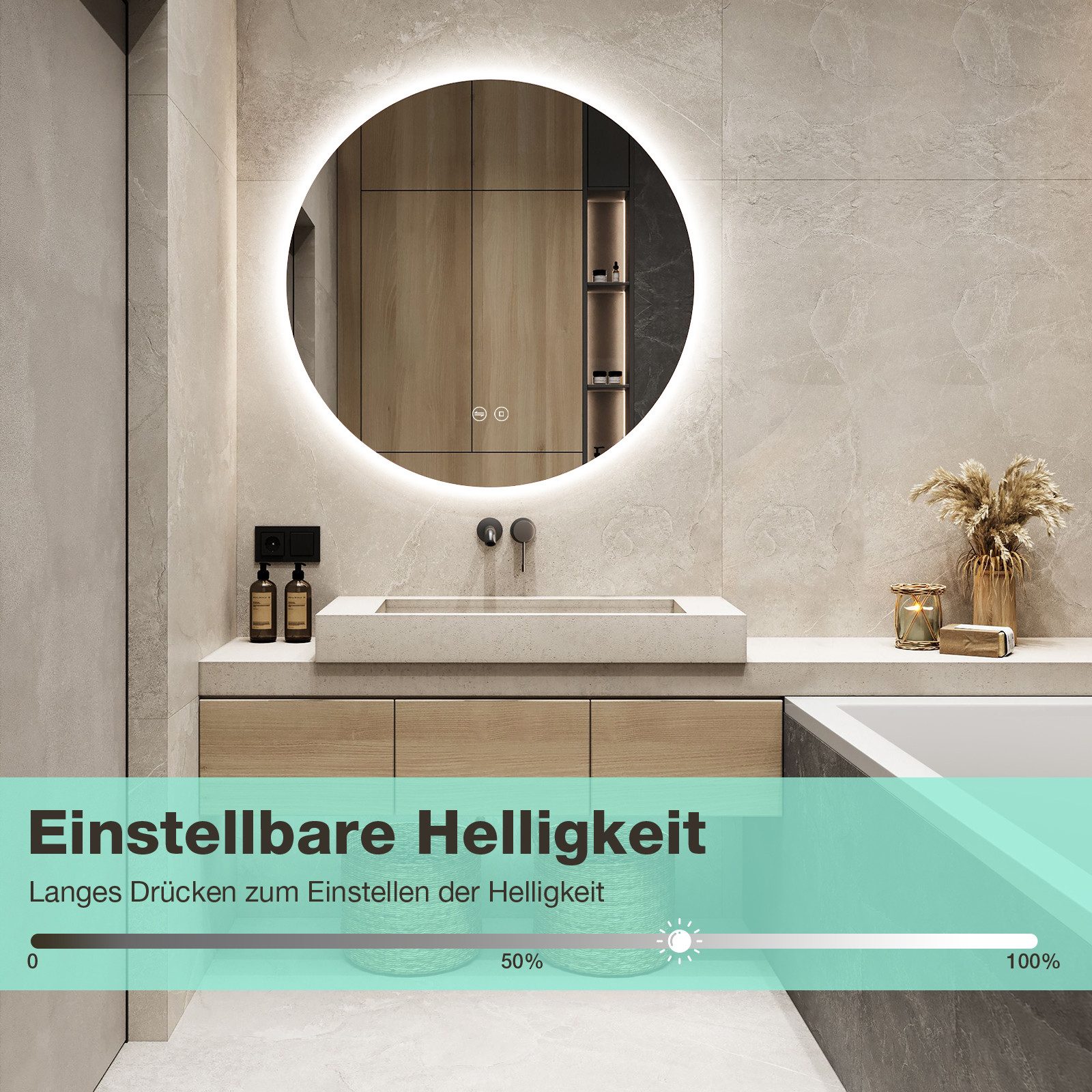 GIMBELEN Badspiegel Dimmbarer Badezimmer Spiegel mit Kaltweiß-Beleuchtung & Touch-Schalter, 3 Lichtfarben, Speicherfunktion & Wandschalter für Komfort – Bild 4 von 5
