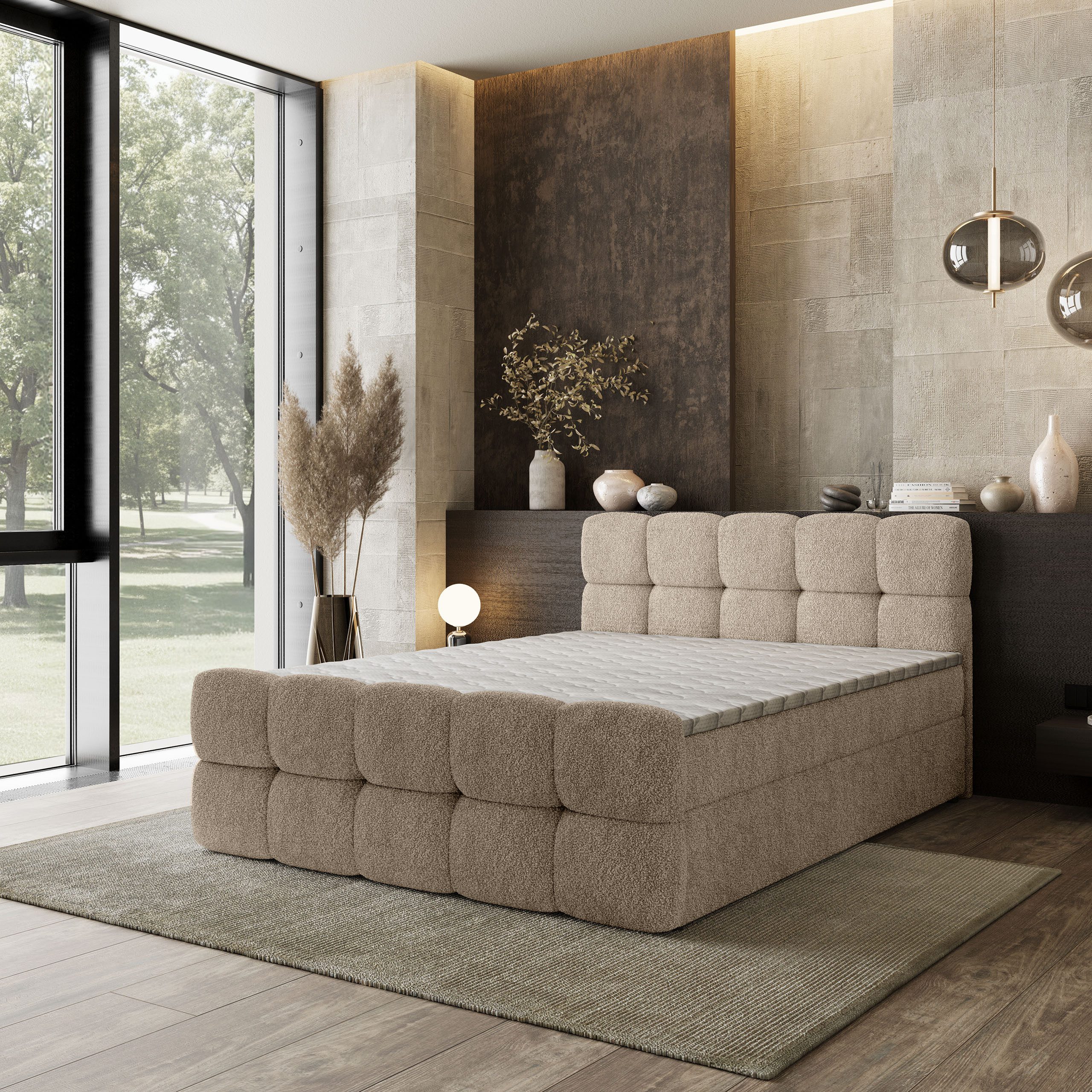Masseno Boxbett BRUME 140x200 cm mit Bonell Matratze und Topper, Doppelbett, Polsterbett mit Kopfteil, Boxspringbett