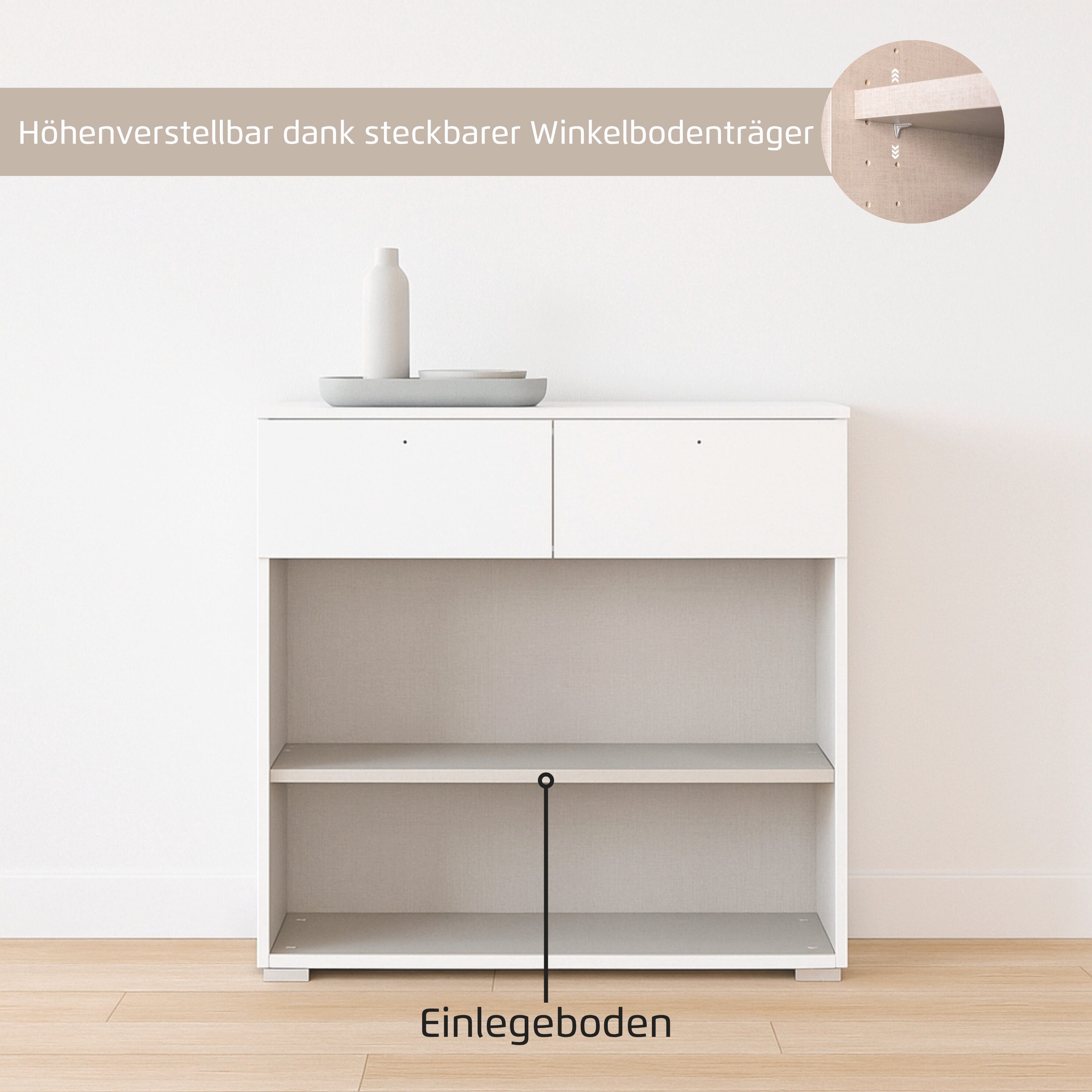 rauch Kommode Gamma (Breite 80 cm / Höhe 81 cm, verschiedene Griffvarianten/-Farben), mit zwei Türen und zwei geräumigen Schubladen MADE IN GERMANY – Bild 5 von 5