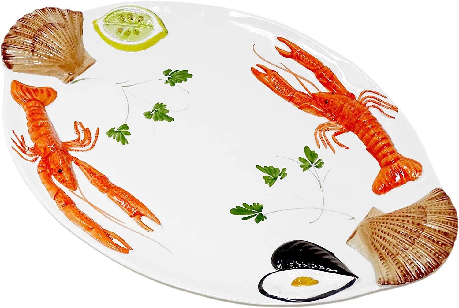 Lashuma Servierplatte Meeresfrüchte, Keramik, (1-tlg., 50 x 32 cm), Handgemachter Fischteller oval mit Relief Dekor