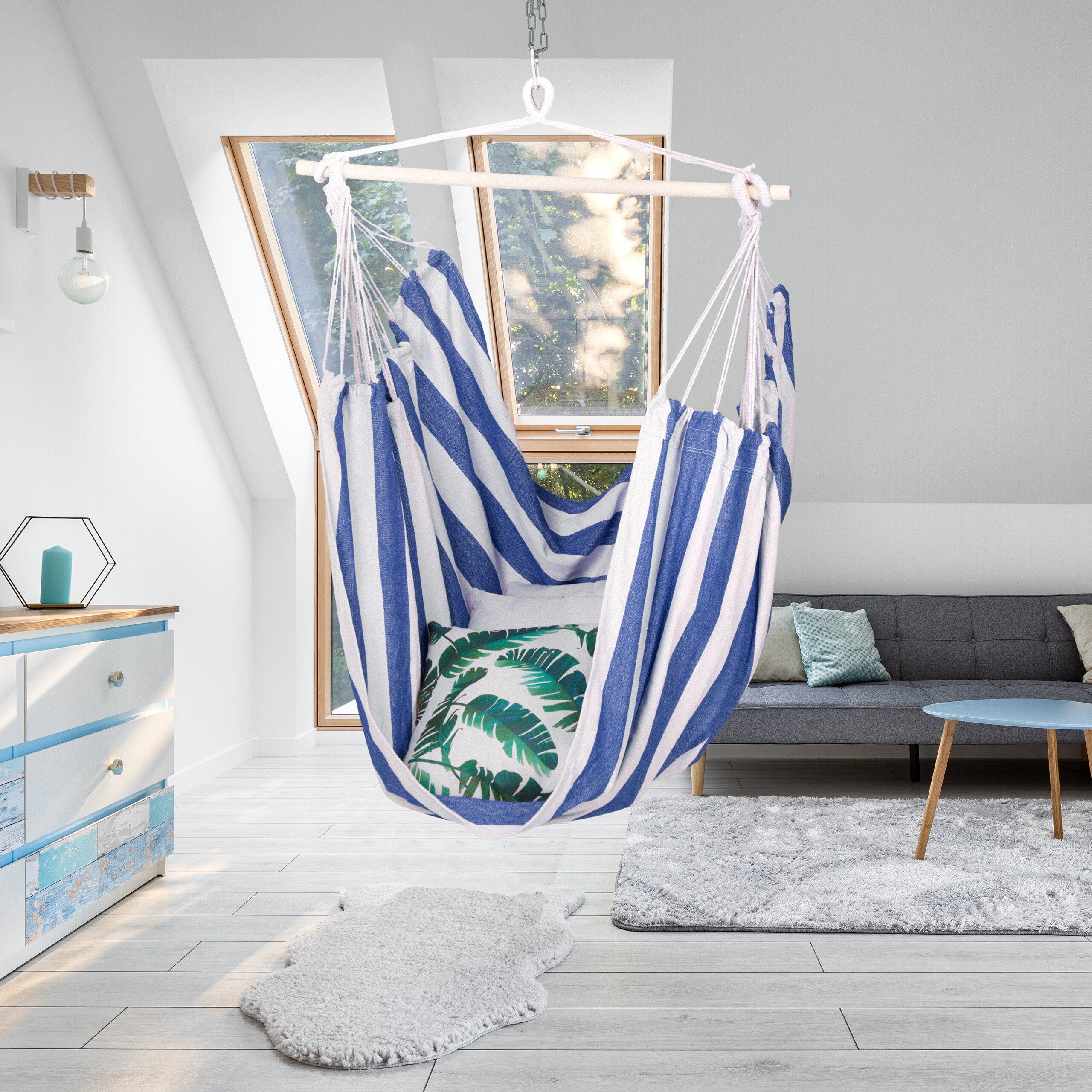relaxdays Hängesessel mit Streife, Weiß-Blau günstig online kaufen