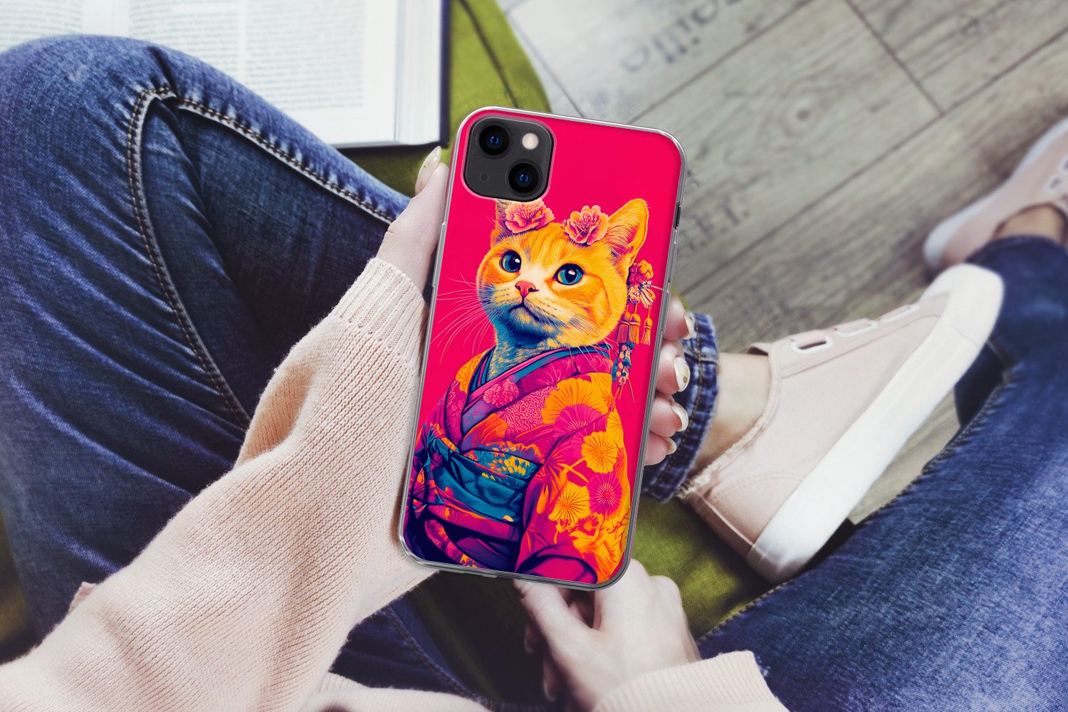 MuchoWow Handyhülle für Apple iPhone 13 mini Katze - Kimono - Blumen - Rosa, Smartphone-Bumper, Print, Handy Schutzhülle Dünn