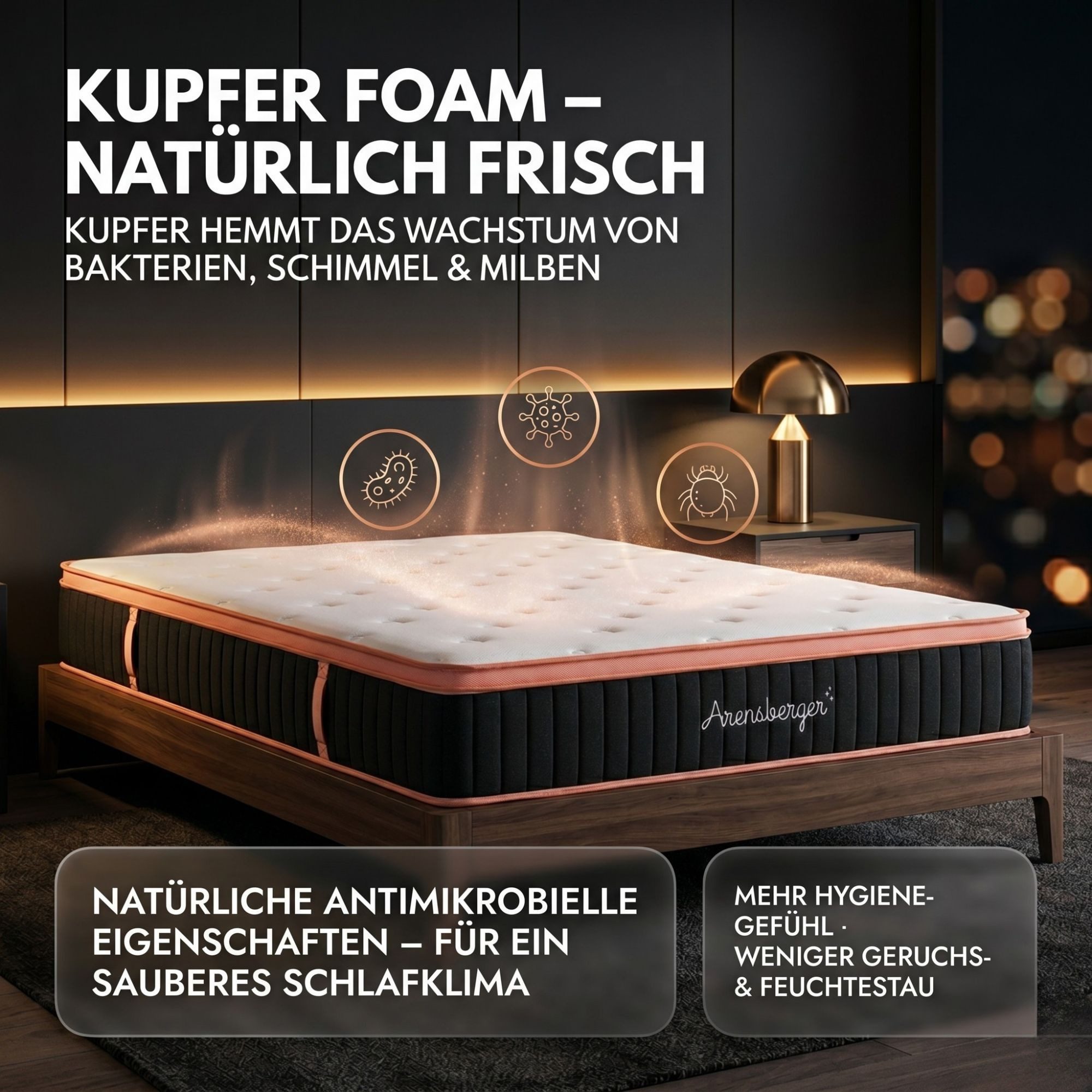 Taschenfederkernmatratze Kupfer Matratze, H3 H4, integrierter Topper, antimikrobiell, Arensberger, 25 cm hoch, (140 x 200 cm, 140x200cm), Kupferschaum, Rollmatratze, 25 cm hoch, 90x200 140x200 & mehr