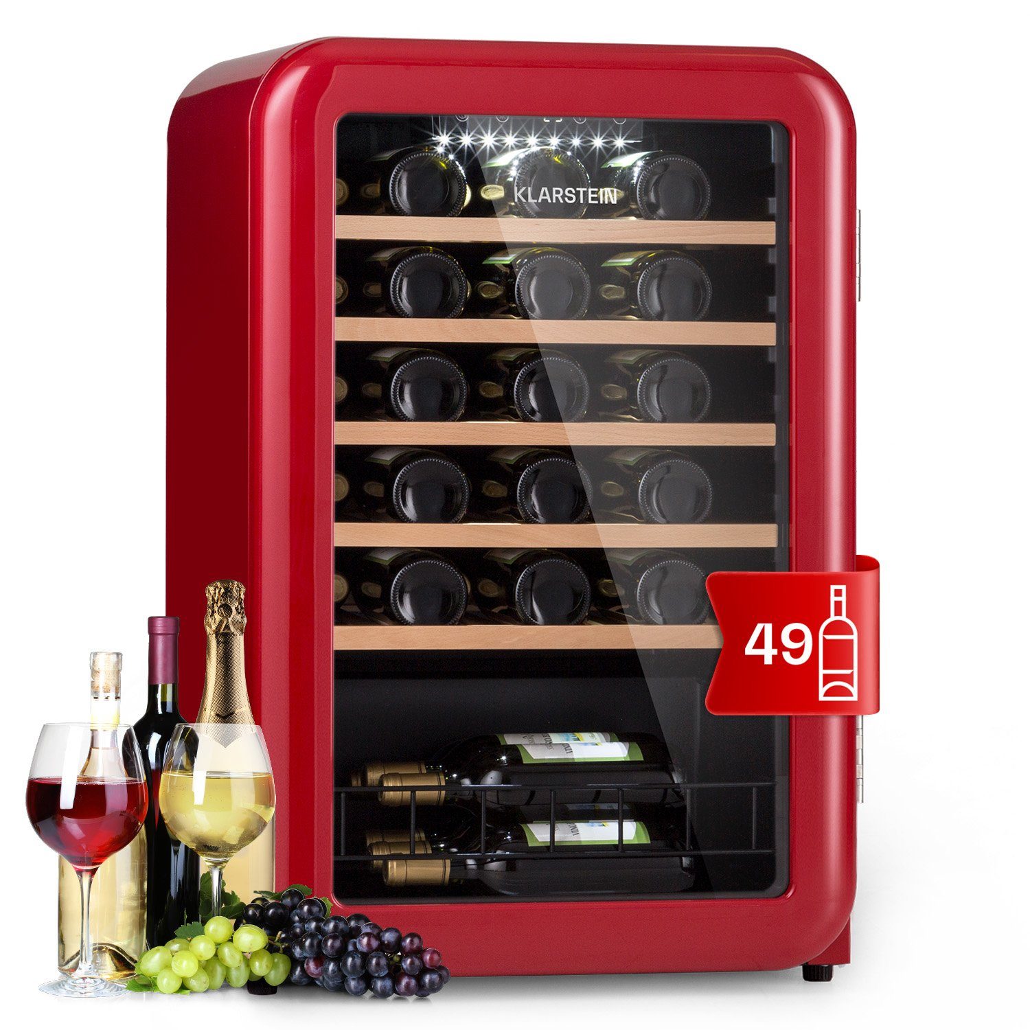 Weintemperierschrank Kühlschrank Rot Vinetage Uno, Weinschrank Standardflaschen Weinkühlschrank 49 | Rot 0,75l,Flaschenkühlschrank Retro 49 Klarstein á für