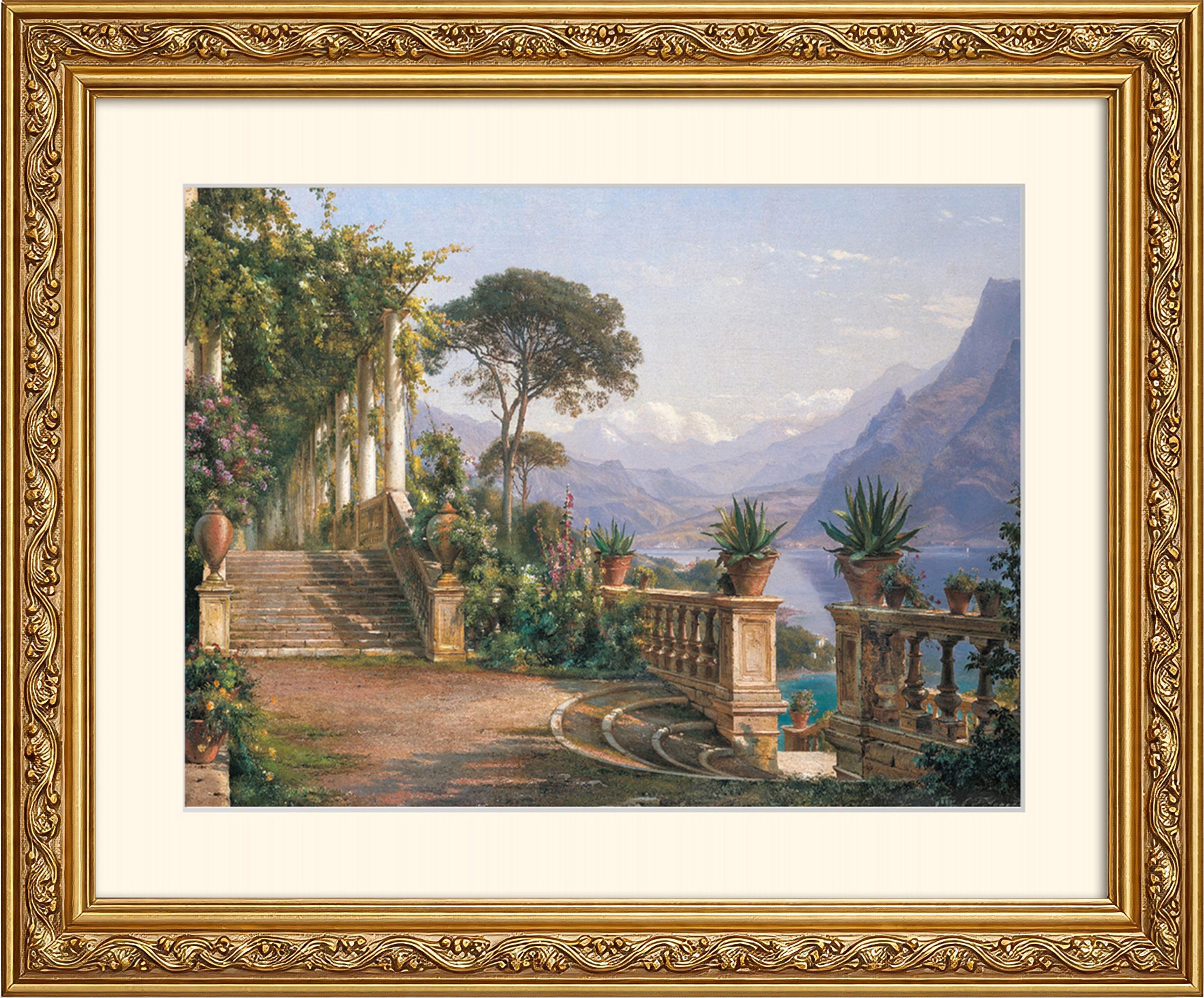artissimo Bild mit Rahmen Wandbild gerahmt 63x53 cm Kunstdruck mit Passepartout & Barock-Rahmen, Carl Frederic Aagaard: Lodge on Lake Como