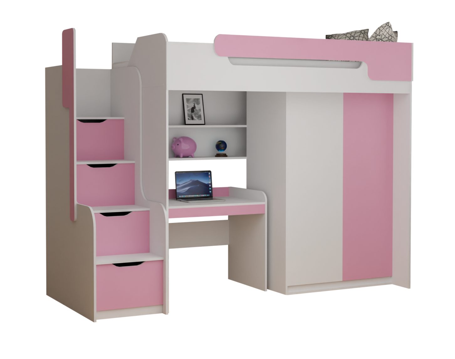 Möbel-Zeit Hochbett Hochbett DORIAN mit Schreibtisch und Schrank