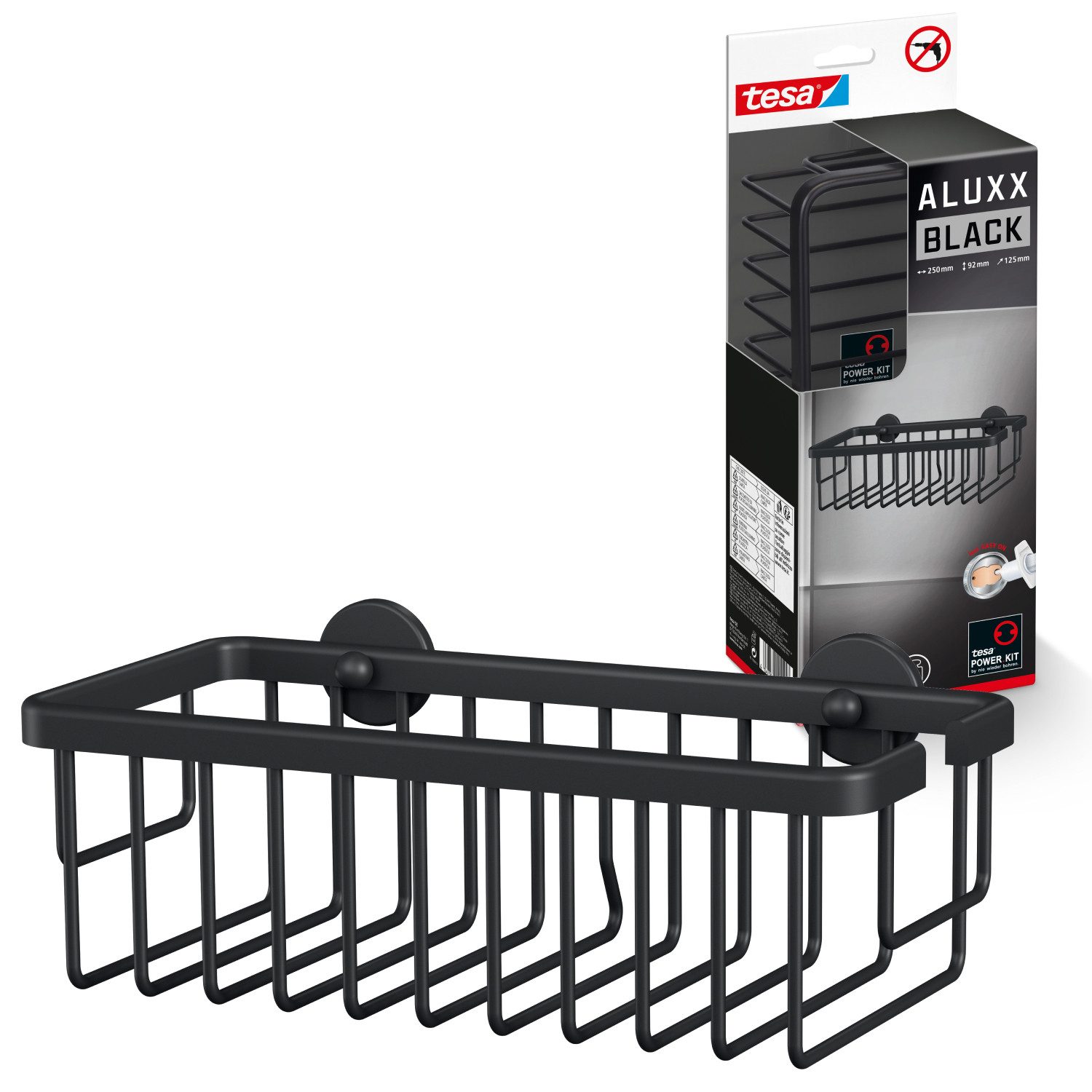 tesa Duschablage ALUXX BLACK Duschablage, einstöckig und extra tief, Set 1-tlg., mit Klebelösung zur Wandmontage ohne Bohren
