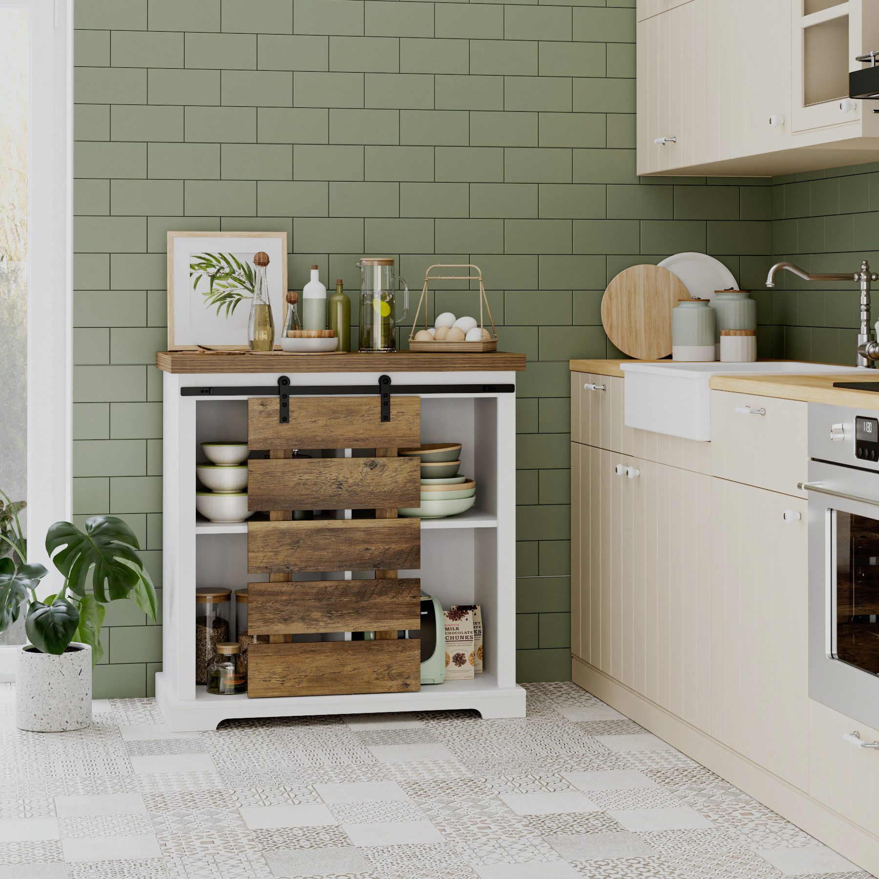 HOMECHO Buffet Küchenschrank mit Schiebetür und Regal Vintagebraun+Weiß – Bild 5 von 5