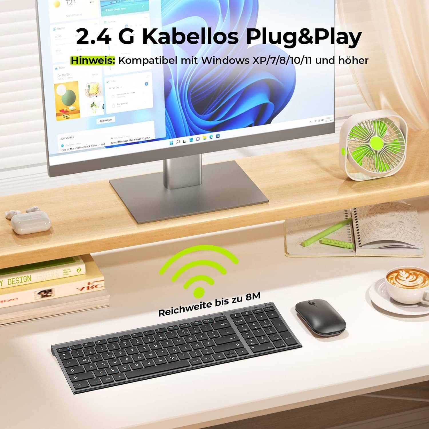 Seenda WGJP-031B Tastatur Maus Set Kabellos Wiederaufladbare Tastatur- und Maus-Set, (2 St., Leise Tastatur mit Aluminiumgehäuse), Kleine Funktastatur mit Maus