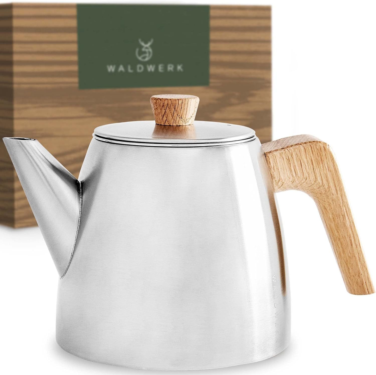 Waldwerk Teekanne 1l mit Siebeinsatz - Teekanne Thermo Doppelwandig, 1 l, (Teekanne mit Sieb aus 304 Edelstahl, Teebereiter mit echten Eichenholzgriffen), Tee Kanne 100% Tropffrei