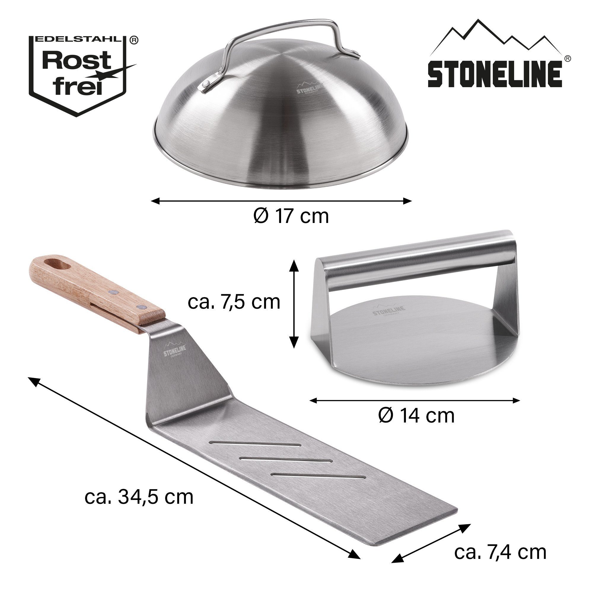 STONELINE Burgerpresse, Burger Smasher Set, 3 teilig, Grill Zubehör, Edelstahl