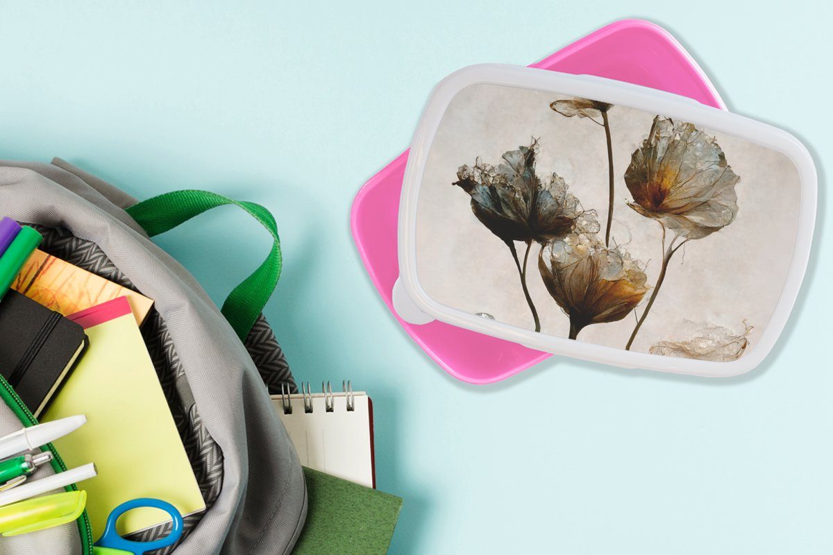 - (2-tlg), Snackbox, MuchoWow Kinder, Brotdose Brotbox Kunststoff, Kunststoff - Vintage Mädchen, rosa Pflanzen Erwachsene, für Blumen Abstrakt, Lunchbox -