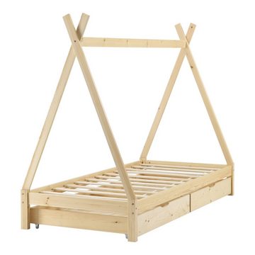 en.casa Hausbett, »Maine« Tipi Kinderbett mit 2 Schubladen 90x200cm Natur Holz