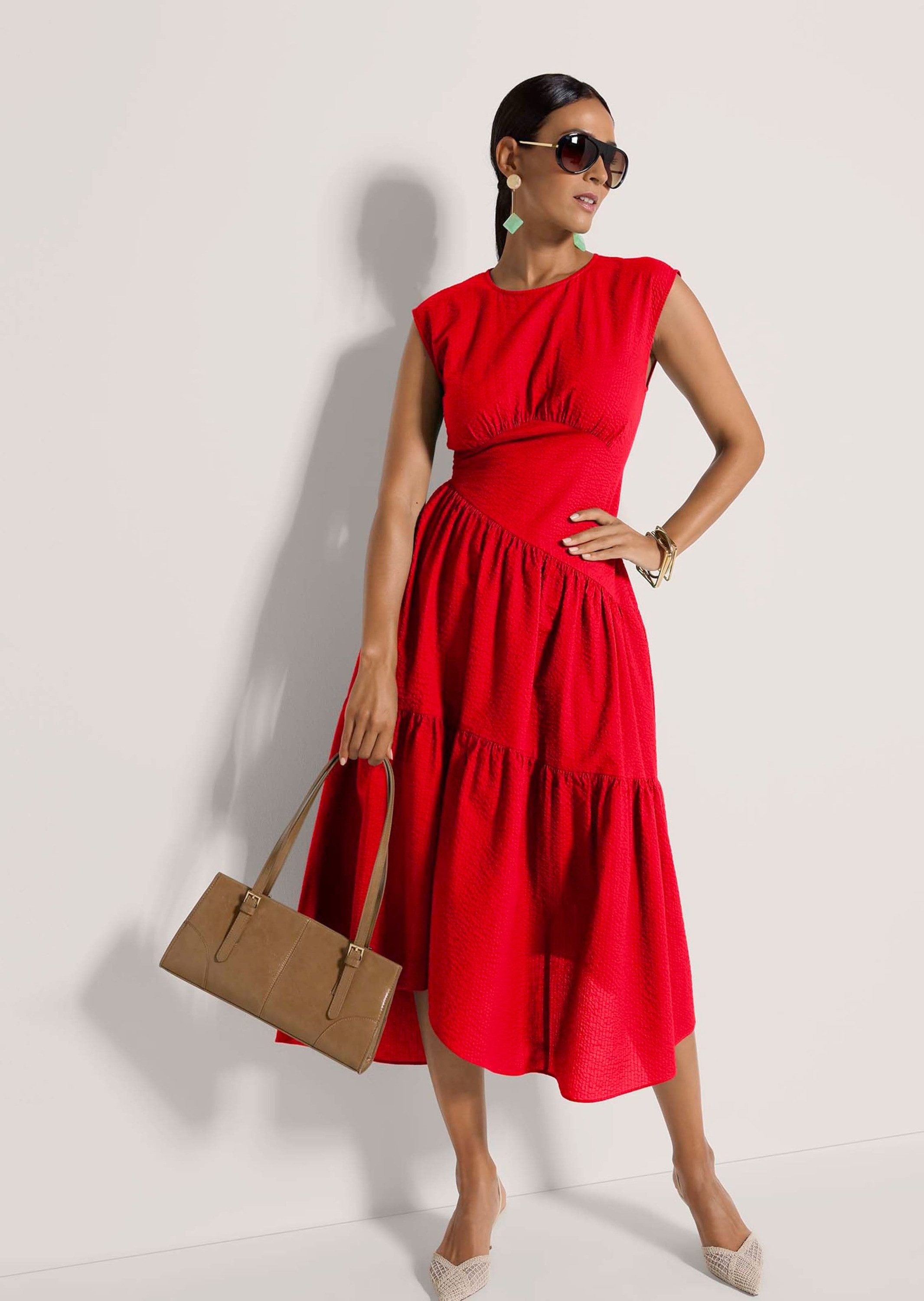 MADELEINE Maxikleid Baumwollkleid mit Stufenrock Sommerkleid mit Rundhals, Wadenlänge und überschnittenen Schultern