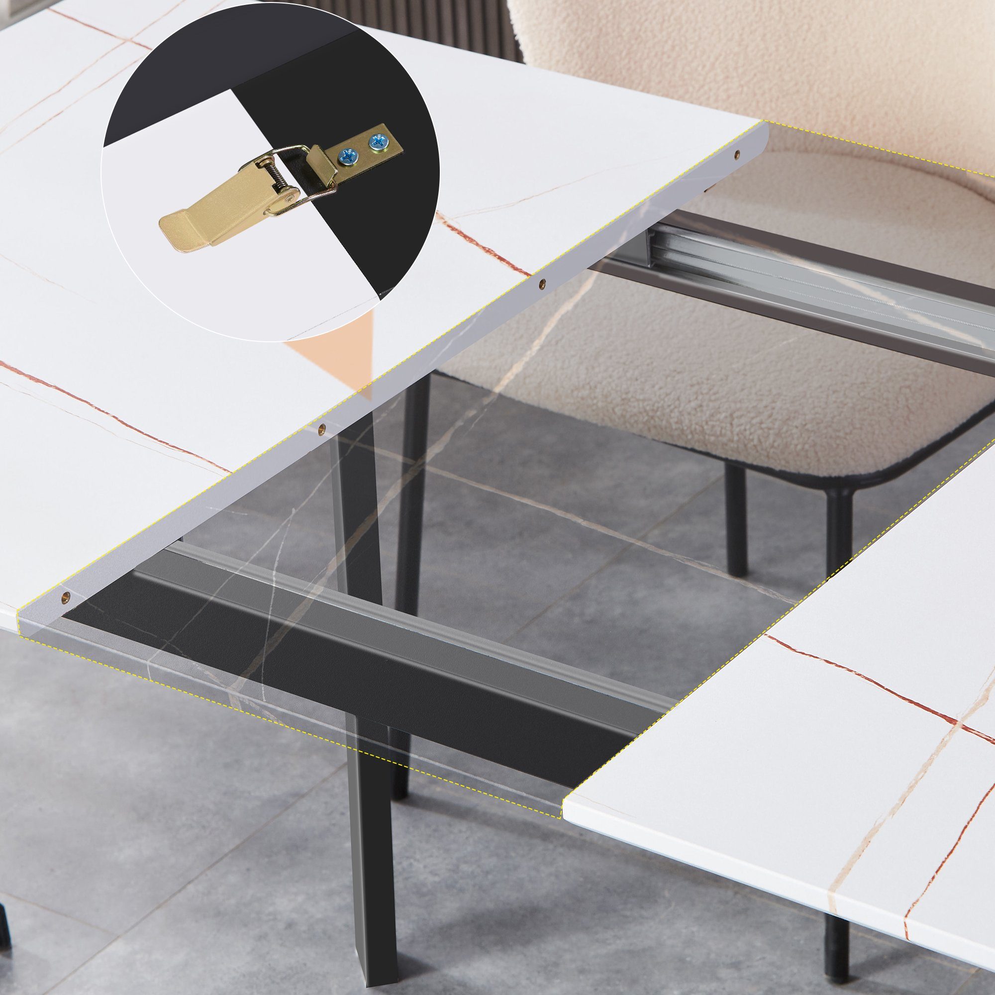Ausziehbarer mit und mattweiße Weiß+Schwarz (Stahlrahmen Esstisch 1-St), und Vierkantrohrbeine, Massivholzeinlagen für Esstisch Tischplatte Heim Doppelnutzung Büro Ulife