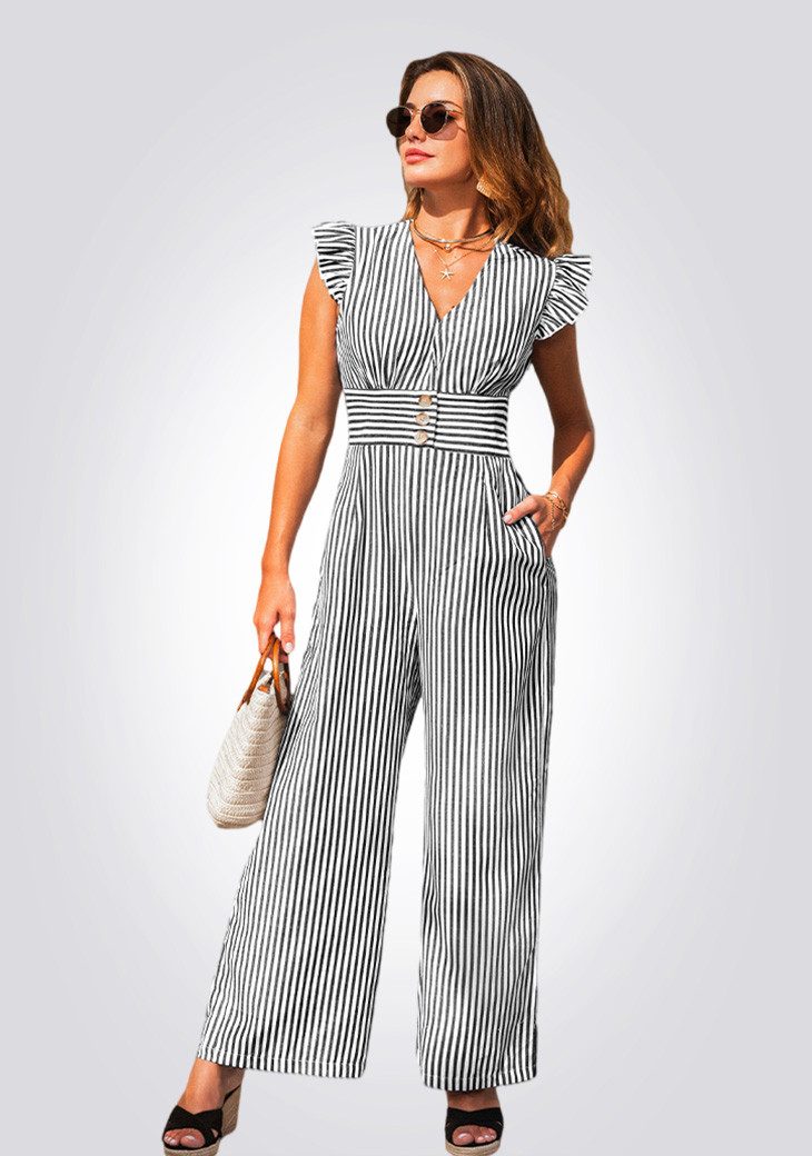 Cupshe Jumpsuit Gestreifter Jumpsuit mit Ruesche V-Ausschnitt Guertel