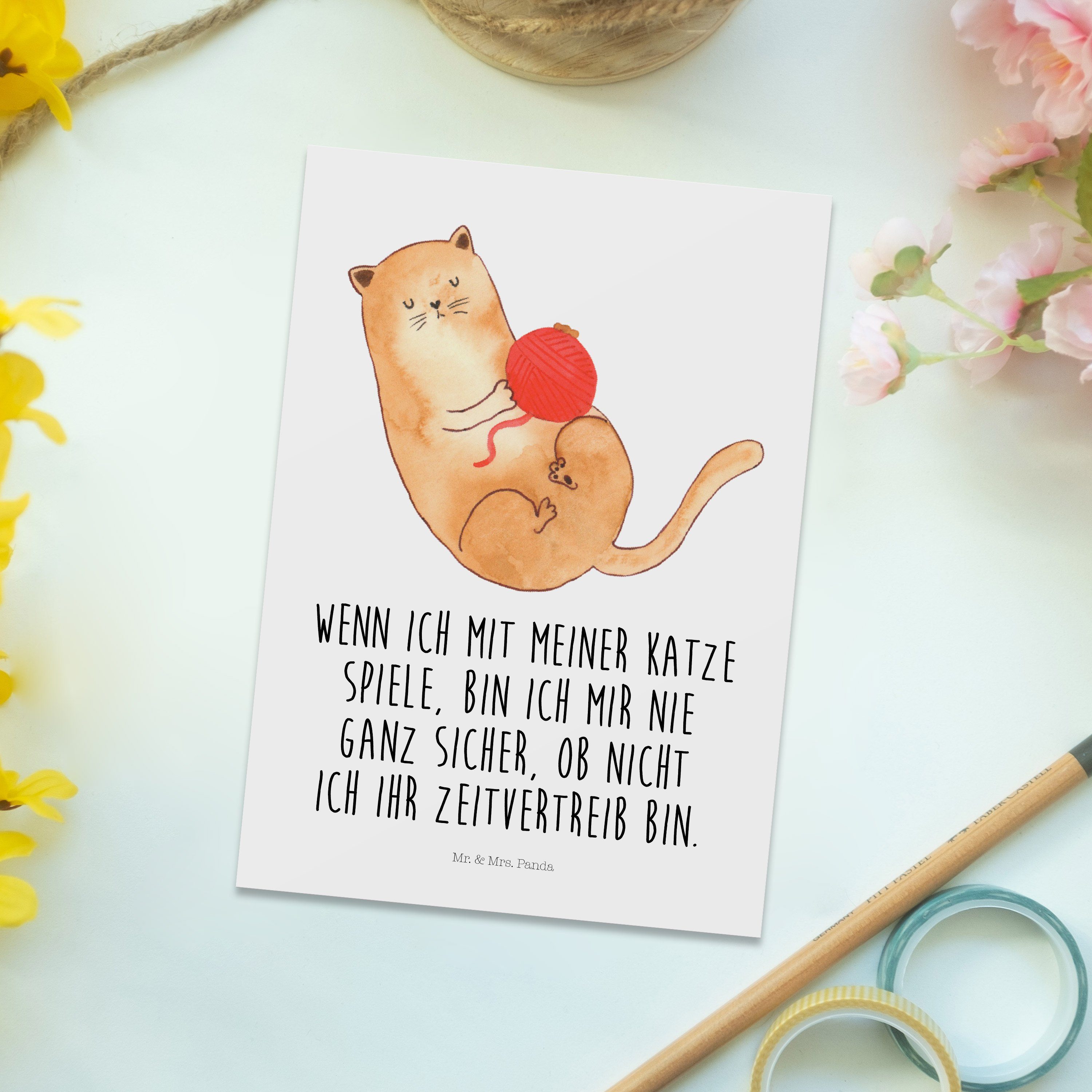 Weiß Mr. Postkarte Mieze, Geschenk, - Einladungskarte, Mrs. Dank Katzen Panda & - Cat, Wollknäul