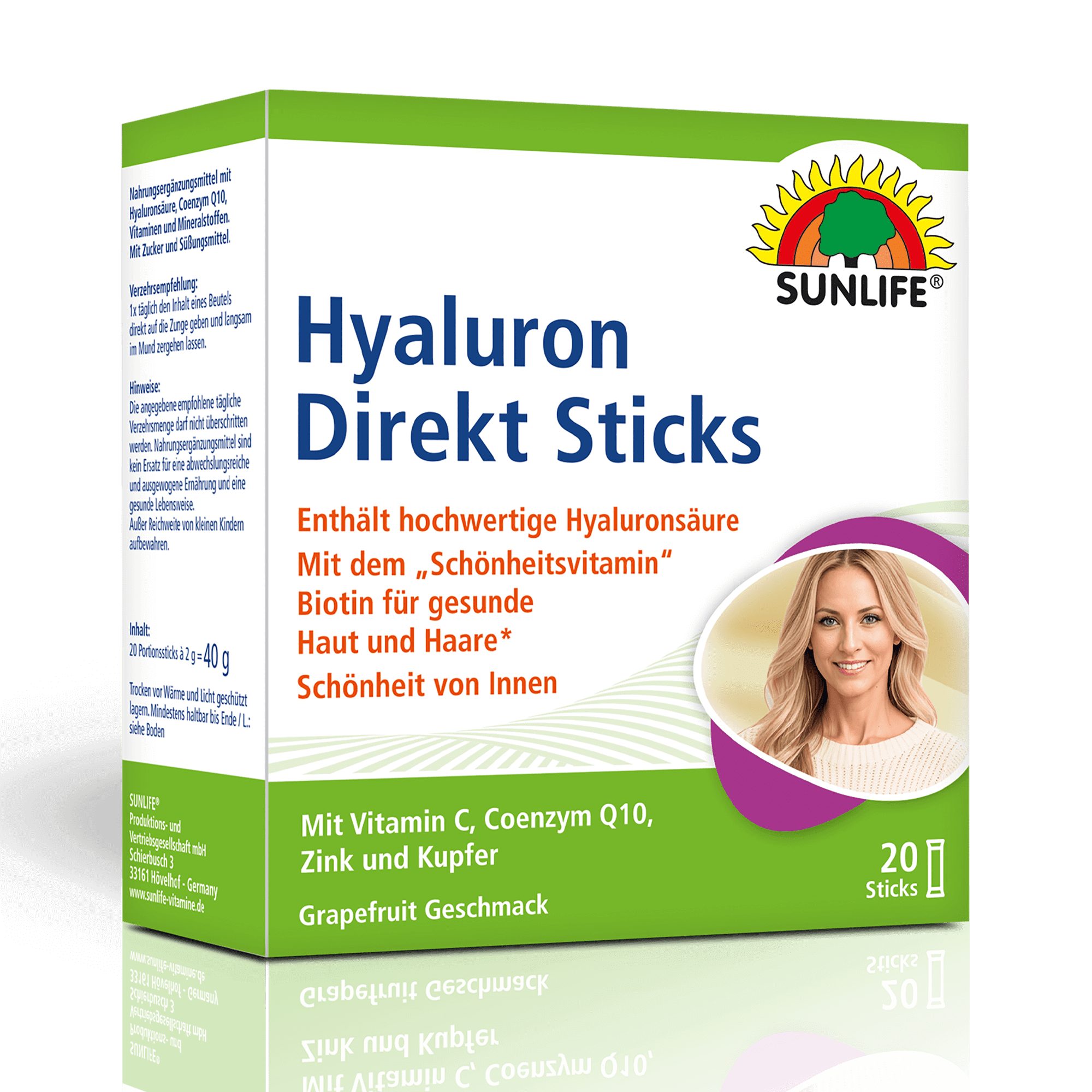SUNLIFE SUNLIFE® Hyaluron Direkt Sticks mit Biotin Coenzym Q10 Straffe Haut 1 x täglich den Inhalt eines Beutels direkt auf die Zunge geben und langsam im Mund zergehen lassen