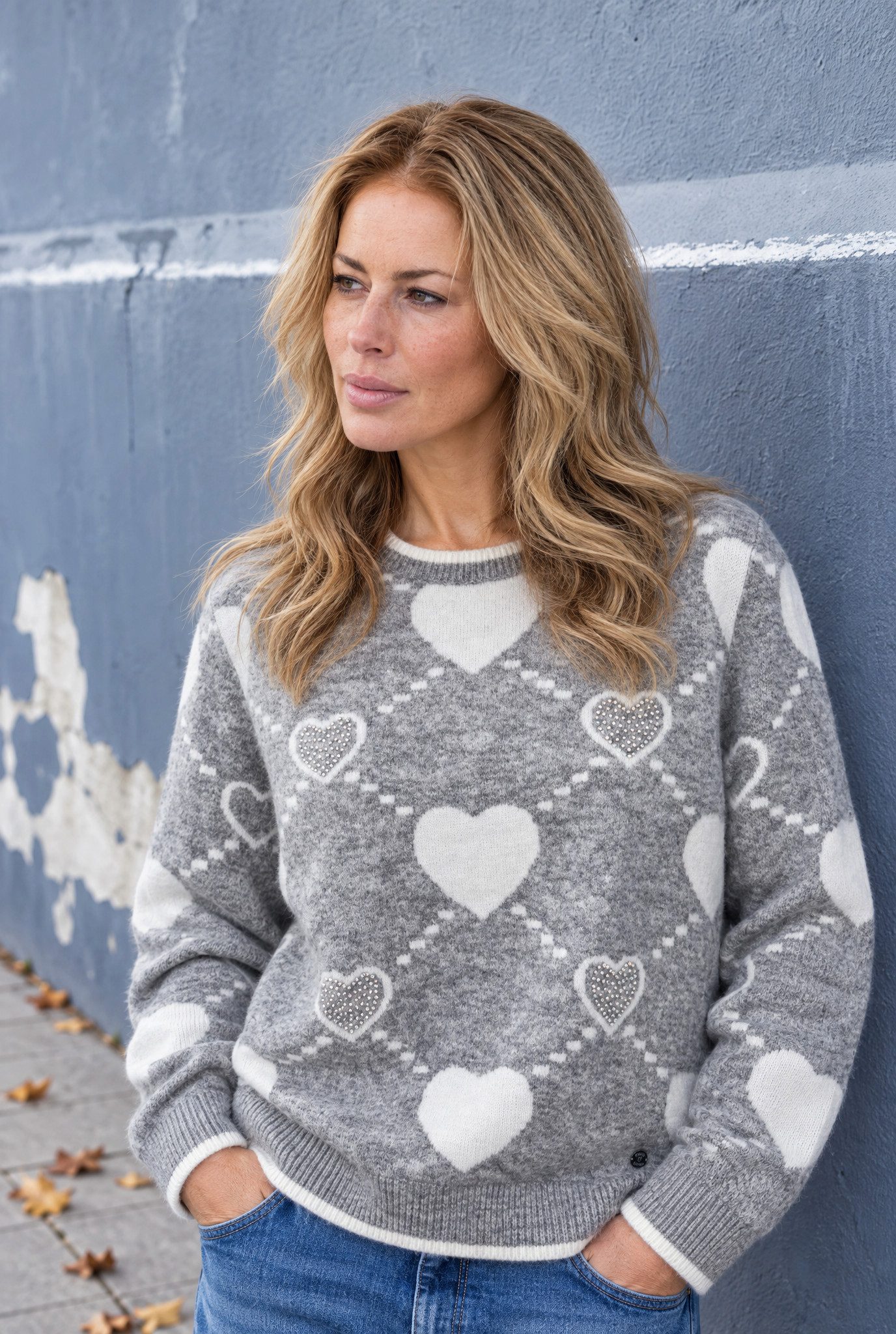 Cassis Strickpullover Damen Pullover Grau Weiß Herzmuster Rundhals Strass Herbst Winter