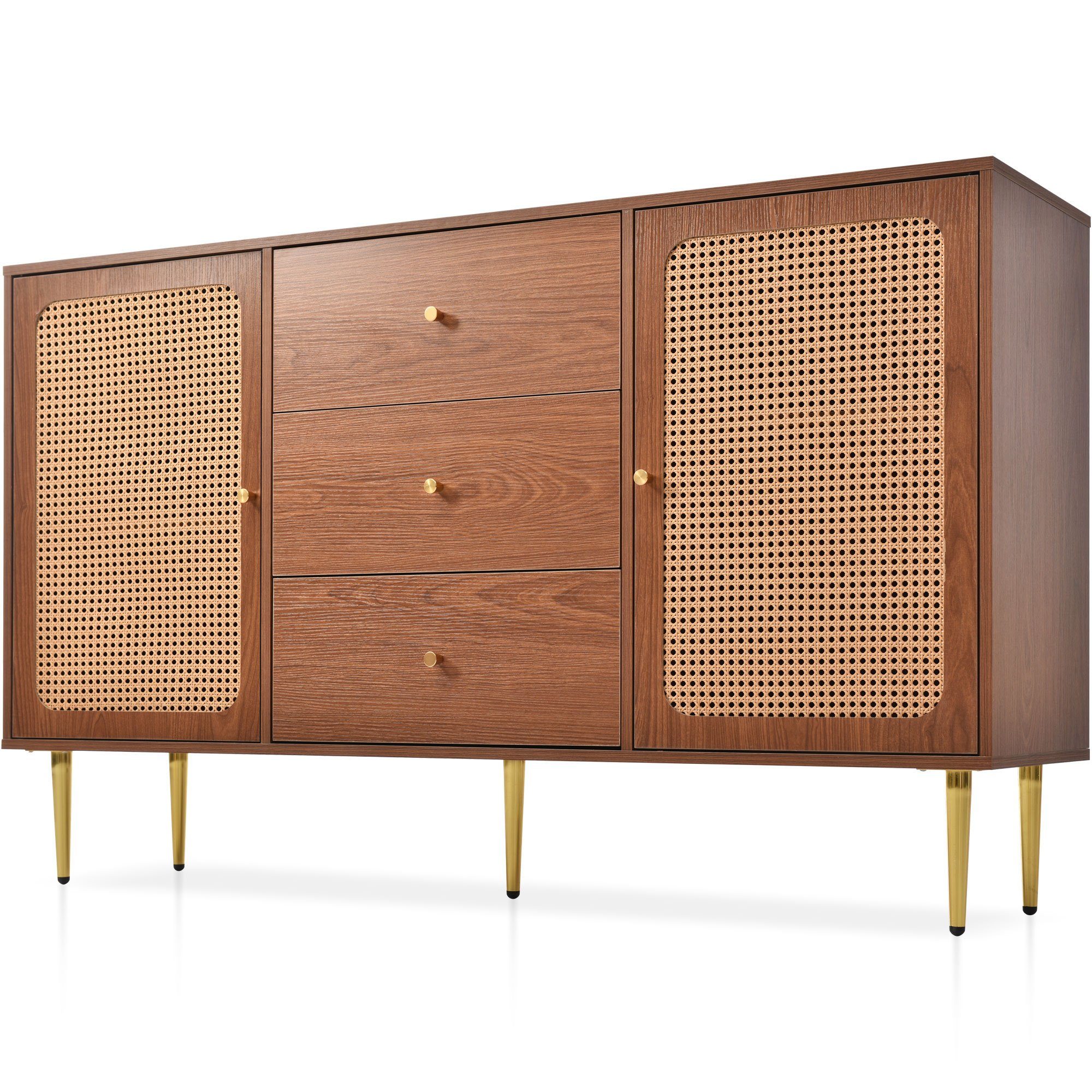 Merax Kommode Holz mit 2 Türen und 3 Schubladen, Sideboard mit verstellbaren Einlegeböden, Rattangeflecht, B:150cm