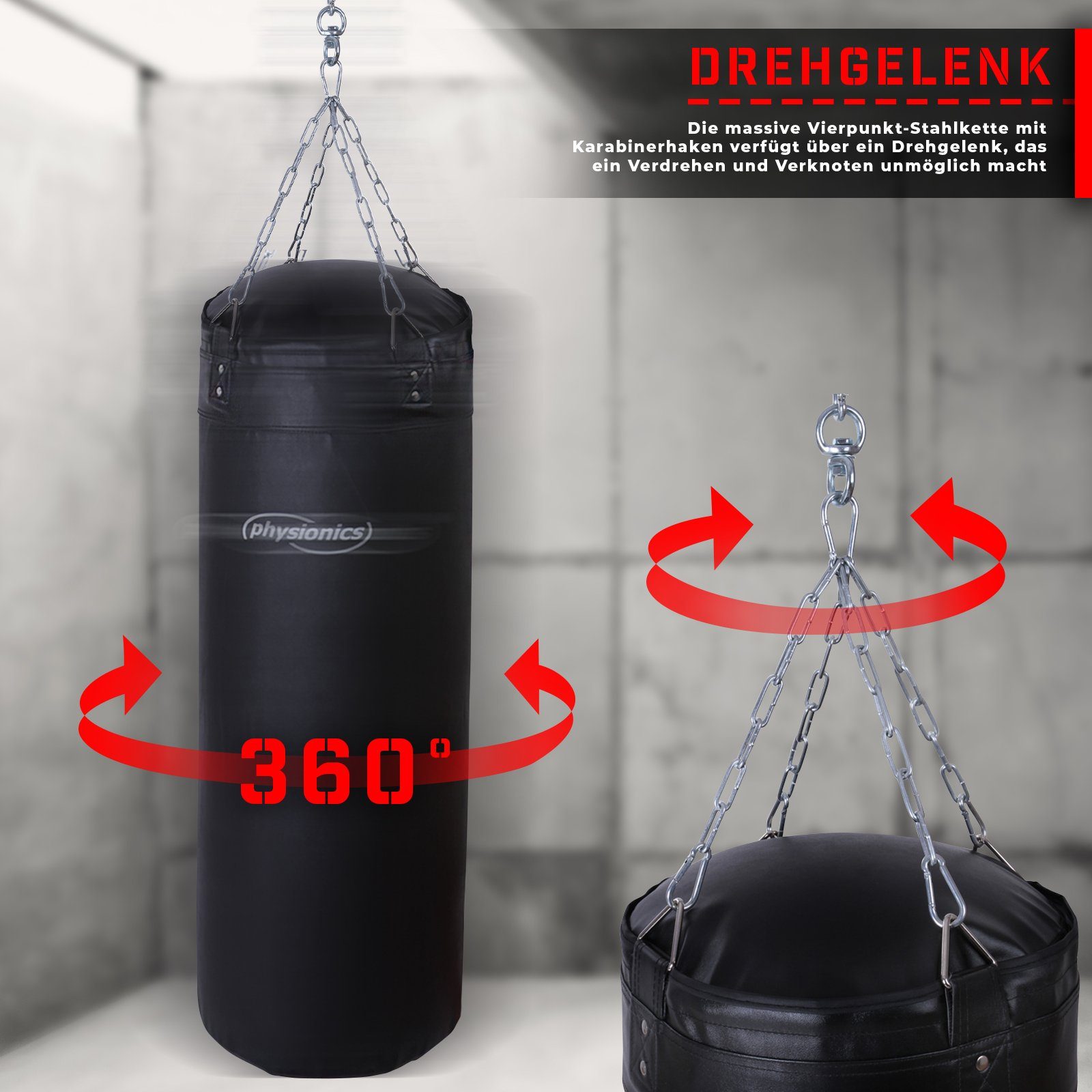 Physionics Boxsack Erwachsene Punching Sandsack 30kg Gefüllt Bag Halterung 120cm