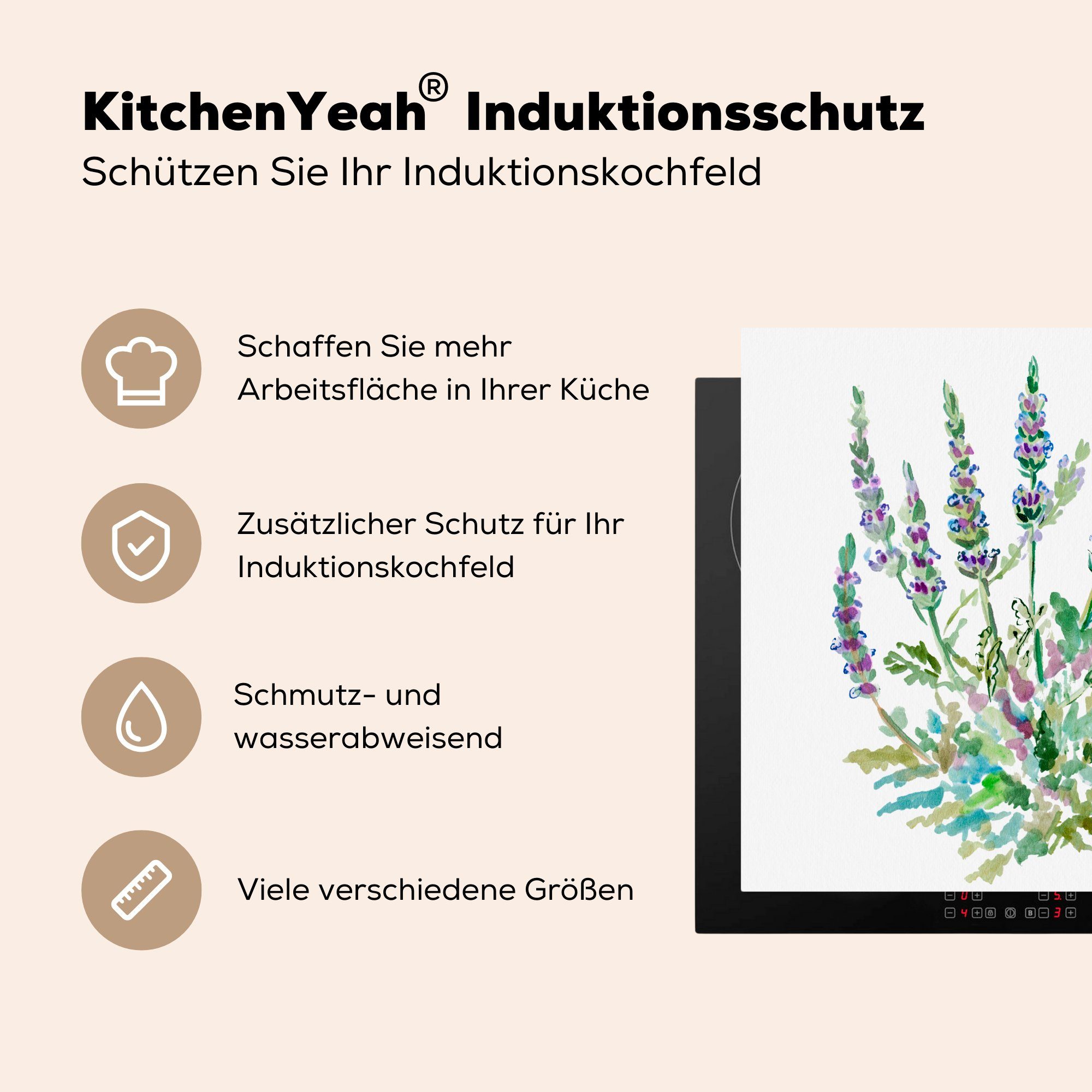 Arbeitsplatte - (1 cm, Details, - Herdblende-/Abdeckplatte Aquarell küche Vinyl, Blätter - Lavendel Ceranfeldabdeckung, tlg), für 78x78 MuchoWow