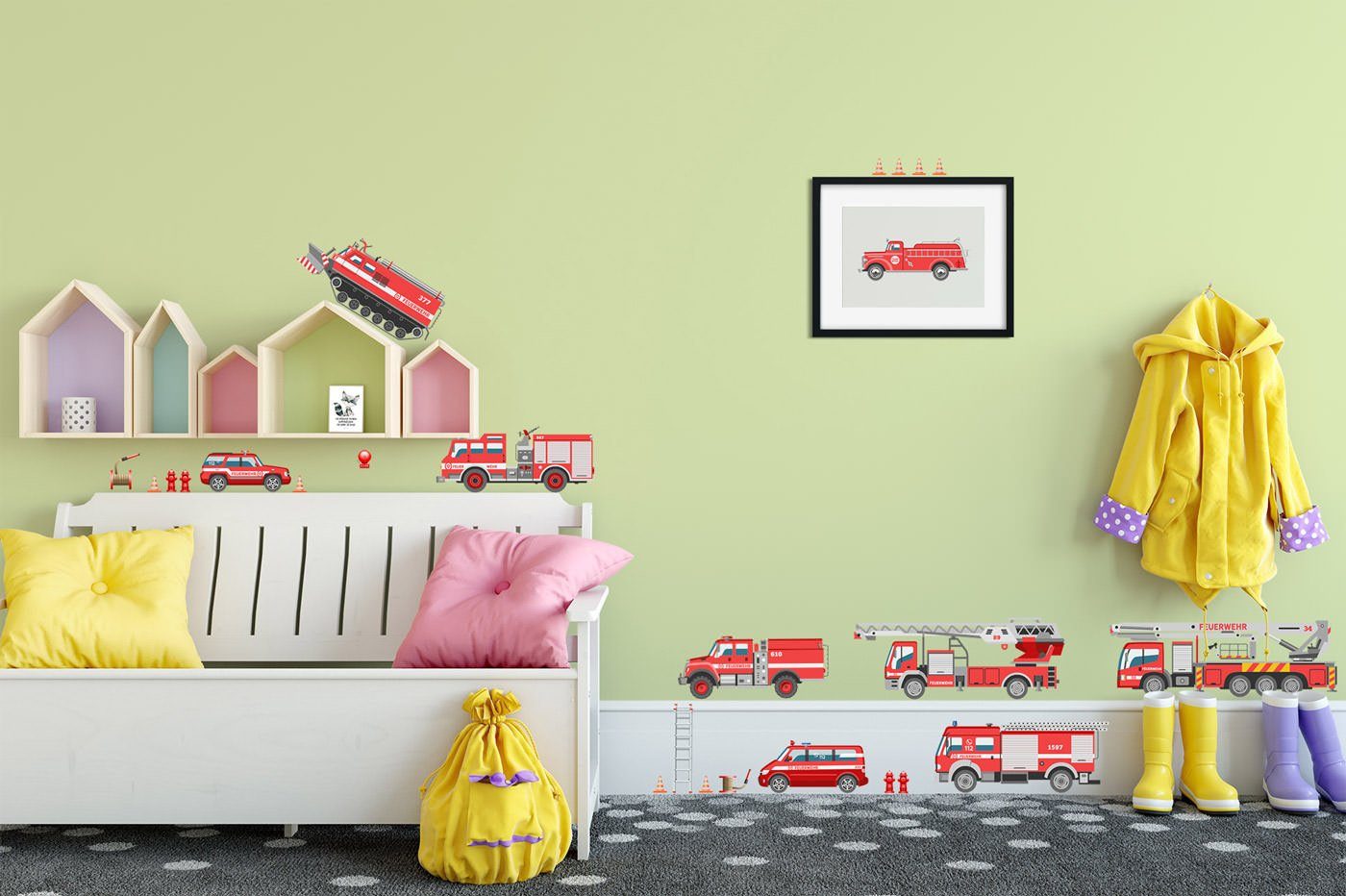 Sunnywall Wandtattoo XXL Wandtattoo Feuerwehr Set Kinderzimmer Aufkleber