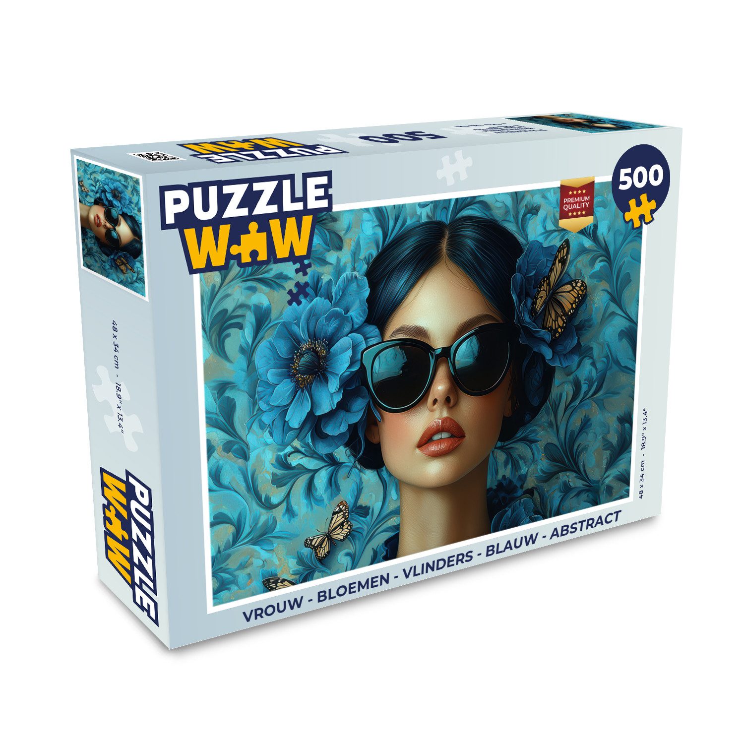 MuchoWow Puzzle Frau - Blumen - Schmetterlinge - Blau - Abstrakt, 500 Puzzleteile, Foto-Puzzle, Bilderrätsel, Puzzlespiele, Spielzeug