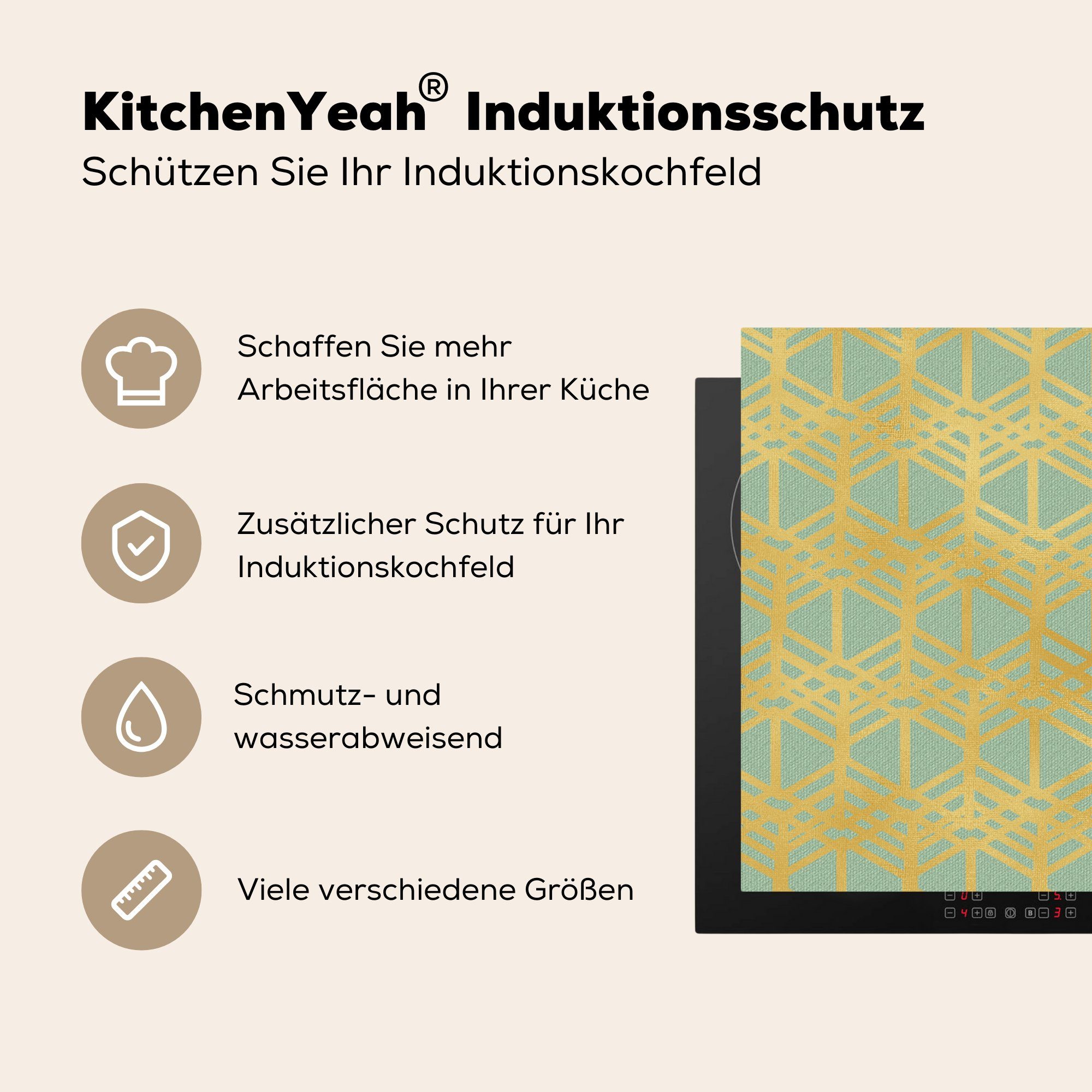 - küche Vinyl, MuchoWow Linie, 78x78 Gold Herdblende-/Abdeckplatte cm, Ceranfeldabdeckung, Muster Arbeitsplatte tlg), für (1 -