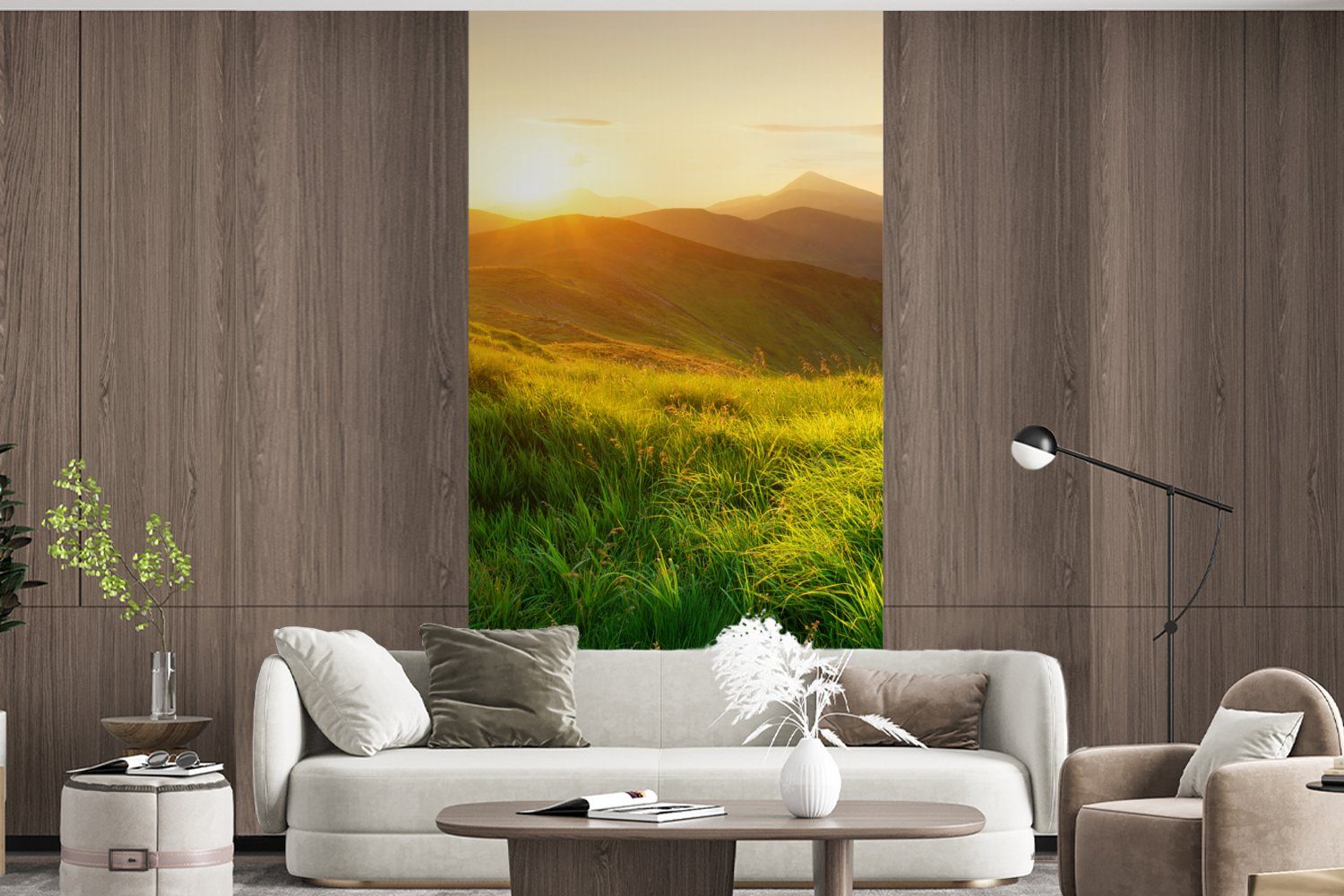 Schlafzimmer - Fototapete MuchoWow Wohnzimmer Hügel (2 Matt, - St), Küche, Vliestapete bedruckt, für Landschaft, Fototapete Sonne - Natur Gras -