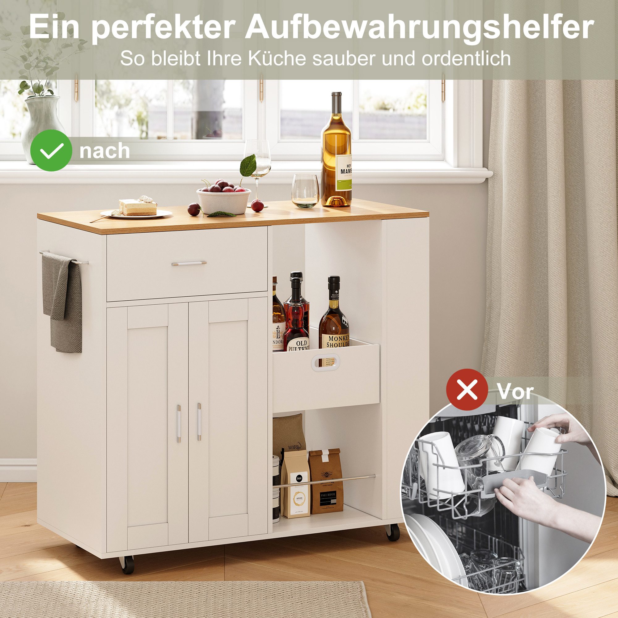 BELUPAI Kücheninsel Küchenschrank aus Holz mobile Küchenwagen mit Schubladen, mit Rollen und 3 Gewürzregal,Küchentisch mit Handtuchhalter,Weiß – Bild 4 von 5