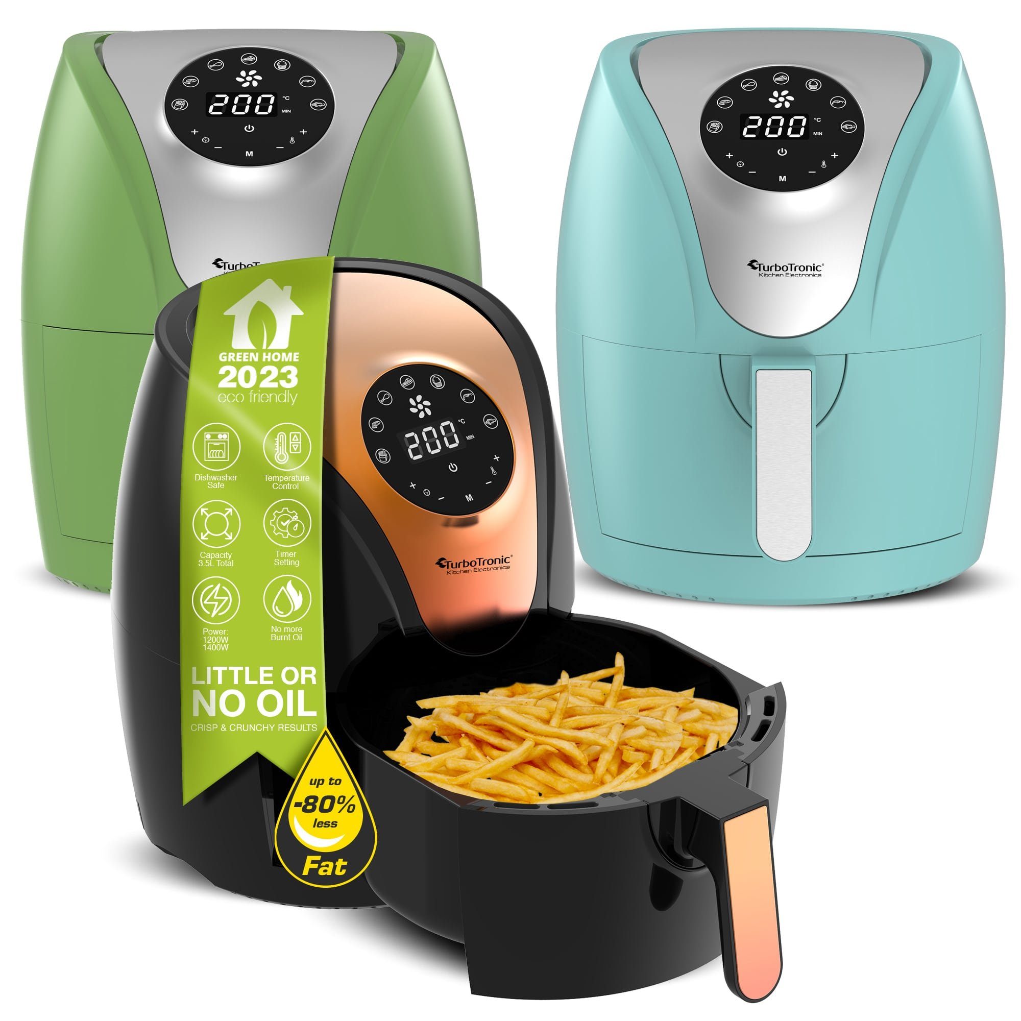 TurboTronic by Z-Line Heißluftfritteuse 3,5 Liter, 9 Programme, Fritteuse Fettfrei ohne Öl, 90°C 200°C Power, 1200 W, Camping Retro digital Airfryer AF9D