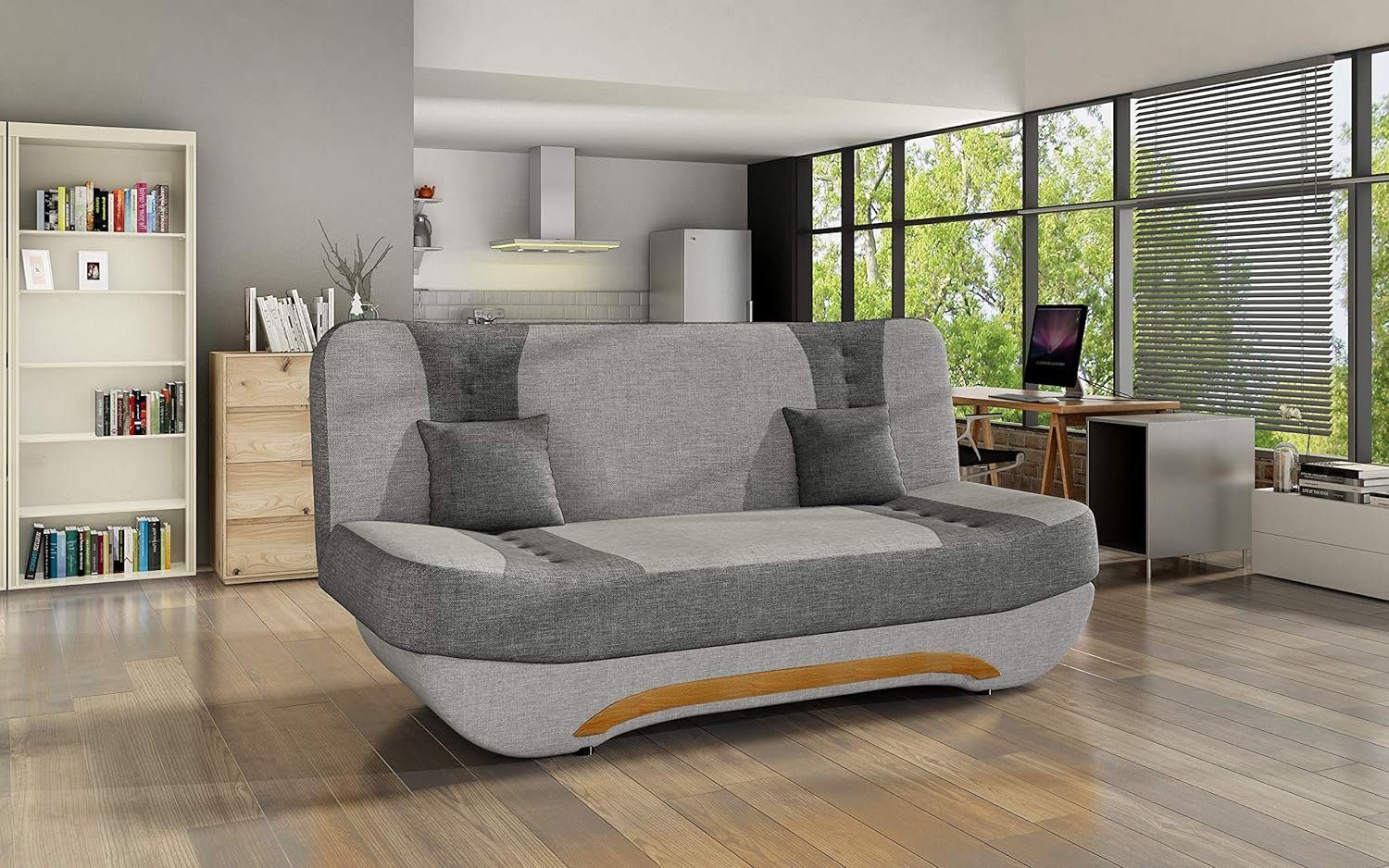 MOEBLO Click-Clack, Sofagarnitur und Klappsofa Kippsofa Couch + Sawana Schlaffunktion Bettkasten 21 (Sawana 05) Wohnzimmer für Schlafsofa Dunkelgrau Hellgrau + Feba, Polstersofa mit