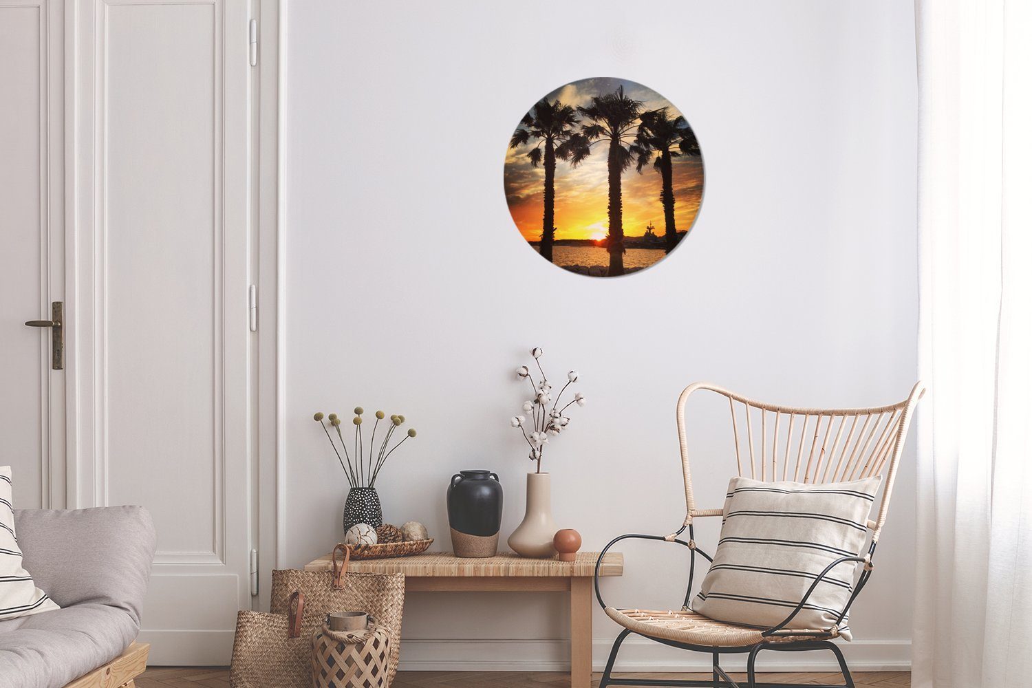 Wohnzimmer, in Rundes in Frankreich, 30x30 der Palmen Gemälde Toulon (1 entlang Wandbild, cm Kreis MuchoWow St), Sonnenuntergang Wanddekoration Forex,
