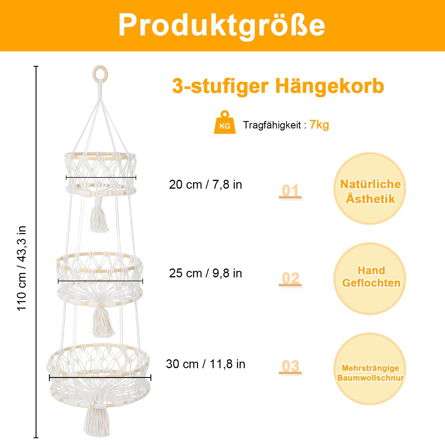 HEYHIPPO Aufbewahrungskorb Hängender Aufbewahrungskorb 3-stöckig – Boho-Design, 110 cm, für Bad (Handgeflochtener Baumwoll-Aufbewahrungskorb mit Bambusring &Netzdesign), Wandobstkorb aus Baumwolle – hängend, beige, für Küche & Wohnzimmer