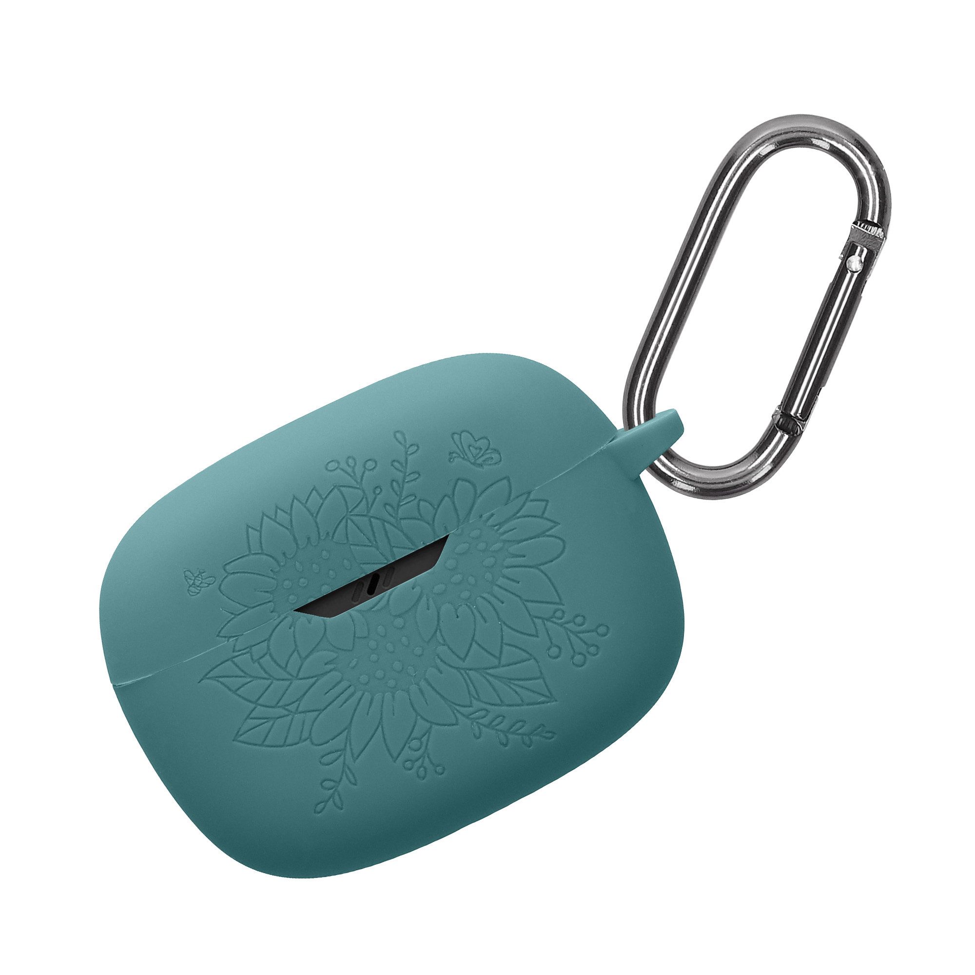 kwmobile Etui Silikon Case für JBL Wave Beam / Beam 2 / Wave 200TWS Hülle, Schutzhülle für Kopfhörer mit Karabiner - Blaugrün