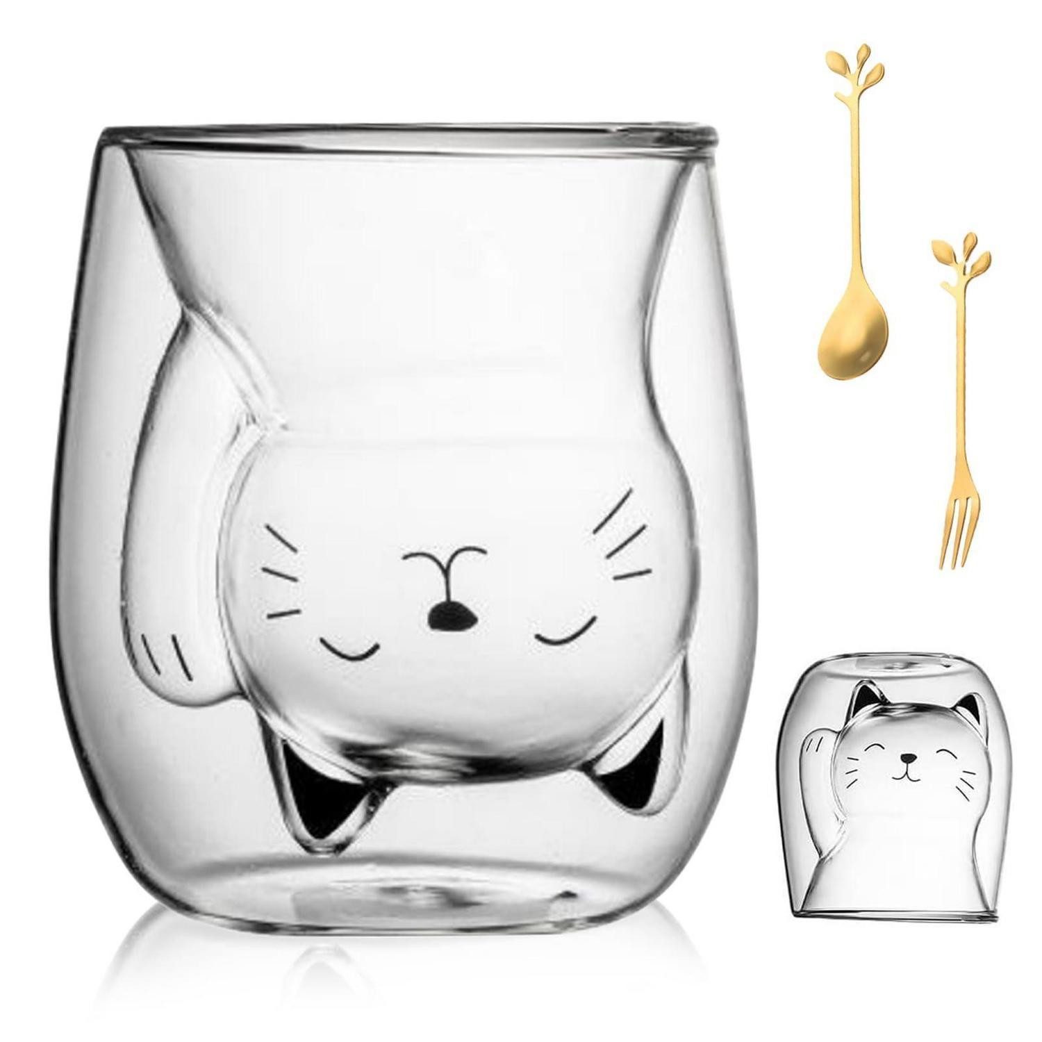 LuxusKollektion Latte-Macchiato-Glas Doppelwandiger Glasbecher Katzenmotiv 200ml, Glas