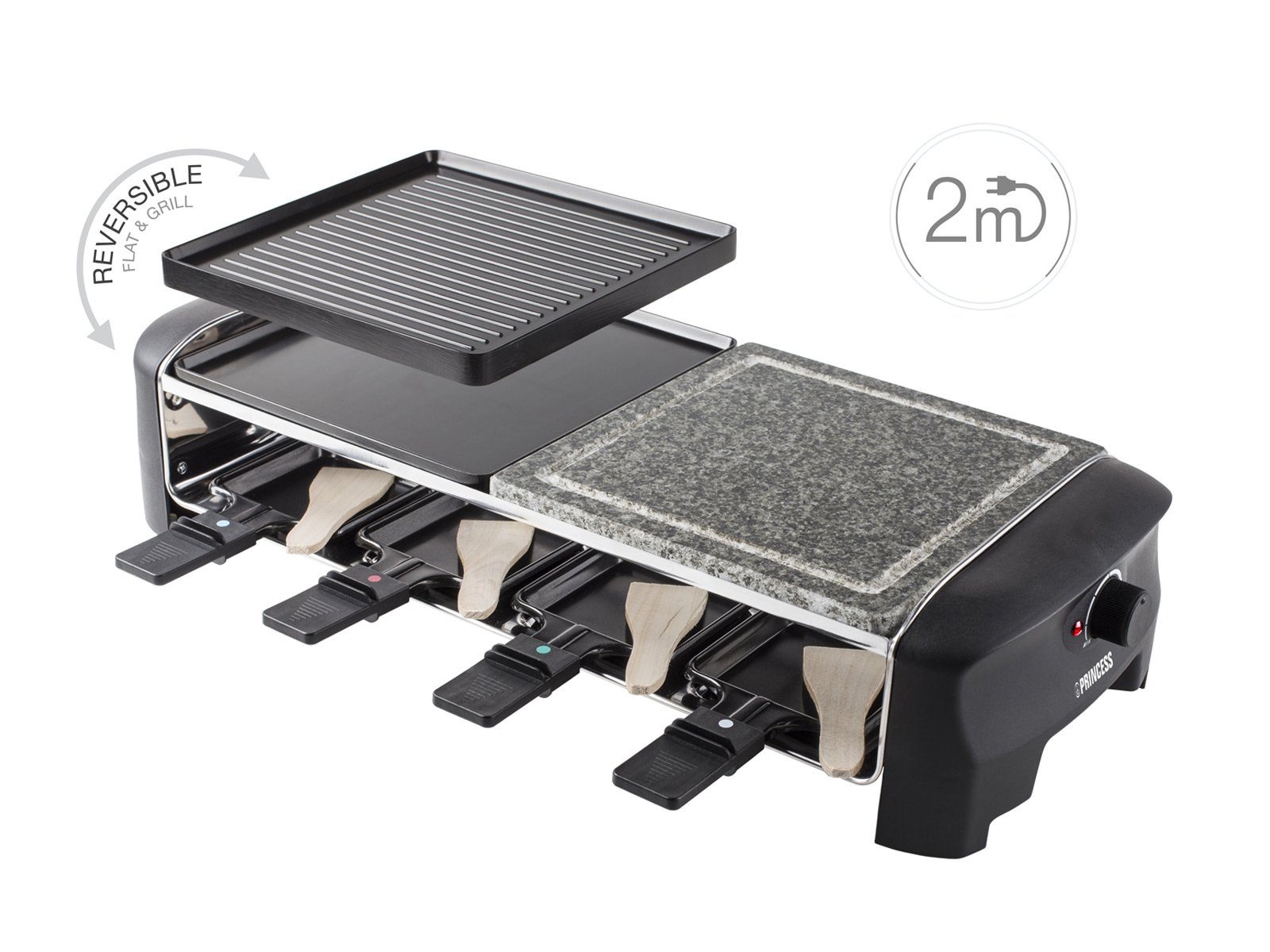 PRINCESS Raclette, 8 Raclettepfännchen, 5in1 Gerät für 2-8 Personen Tischgrill Grill- & Steinplatte Steingrill