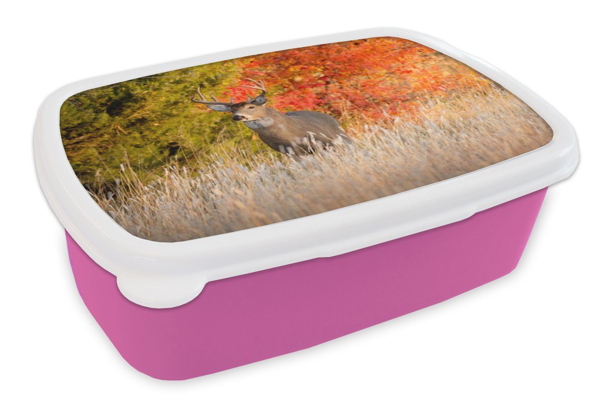 MuchoWow Lunchbox Hirsche - Geweihe - Wald, Kunststoff, (2-tlg), Brotbox für Erwachsene, Brotdose Kinder, Snackbox, Mädchen, Kunststoff rosa
