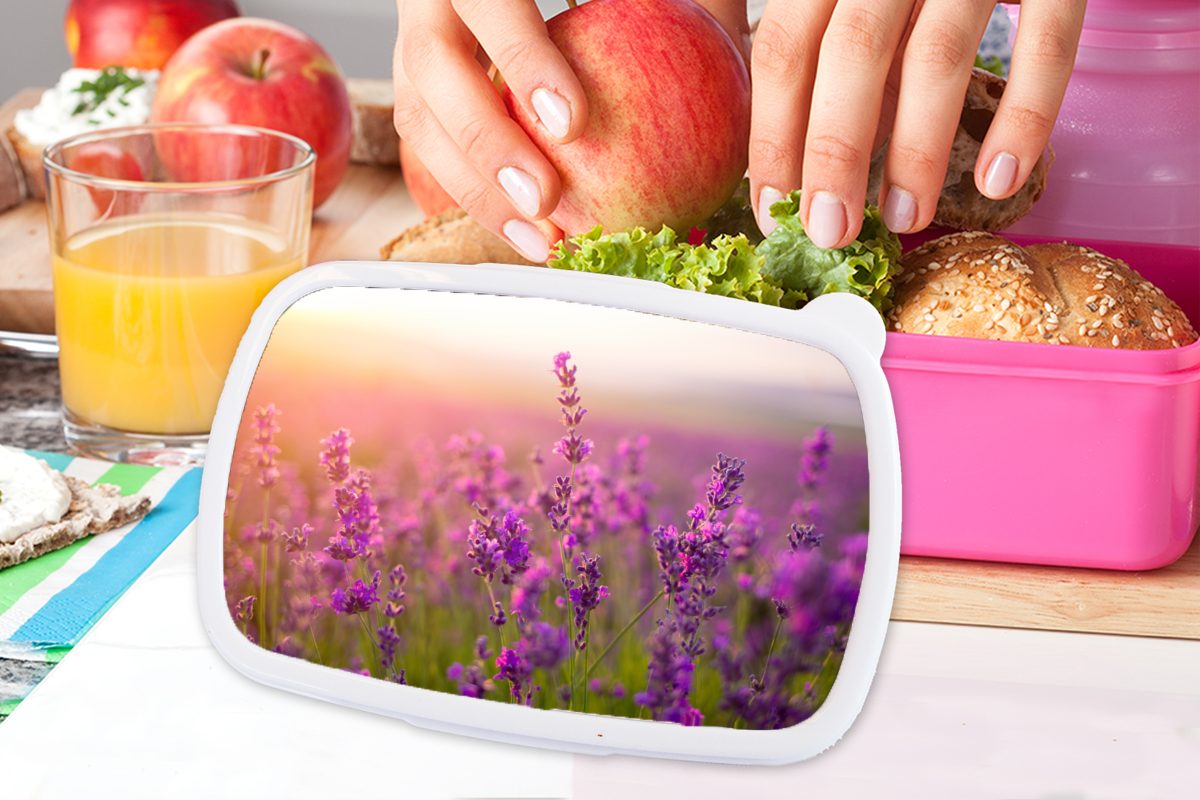MuchoWow Lunchbox Lila, - Kinder, Brotbox Kunststoff, - für (2-tlg), Snackbox, Frühling Mädchen, Brotdose Kunststoff Lavendel rosa Erwachsene