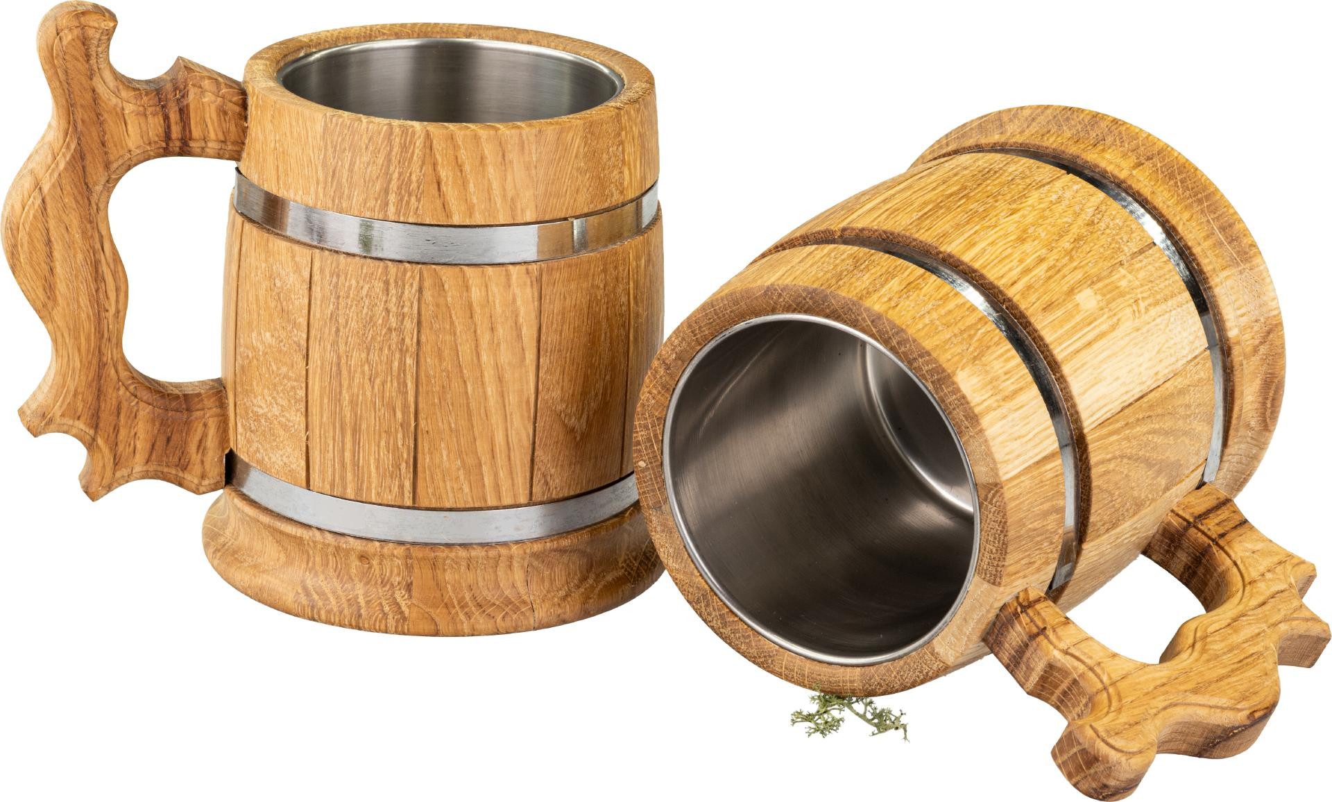 Holz Frank Bierkrug Bierkrug aus Eiche geölt mit Metallreifen & Edelstahleinsatz ca.0,5L, Eiche und Edelstahl