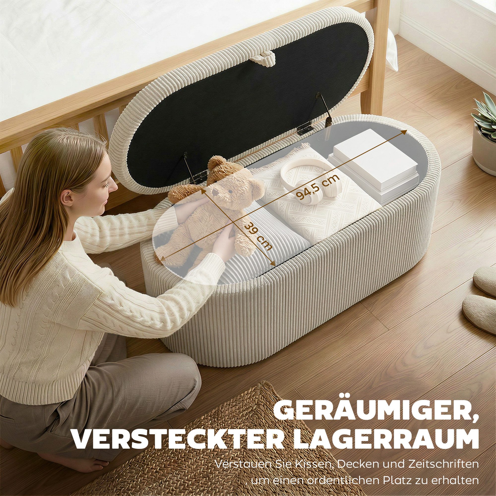 HOMCOM Sitzbank Polsterbank mit Holzrahmen, Doppelscharniere, Beige (Sitztruhe, 1-St., Bank bis 200 kg), Cord-Bezug, Stauraum, gepolstert – Bild 4 von 5