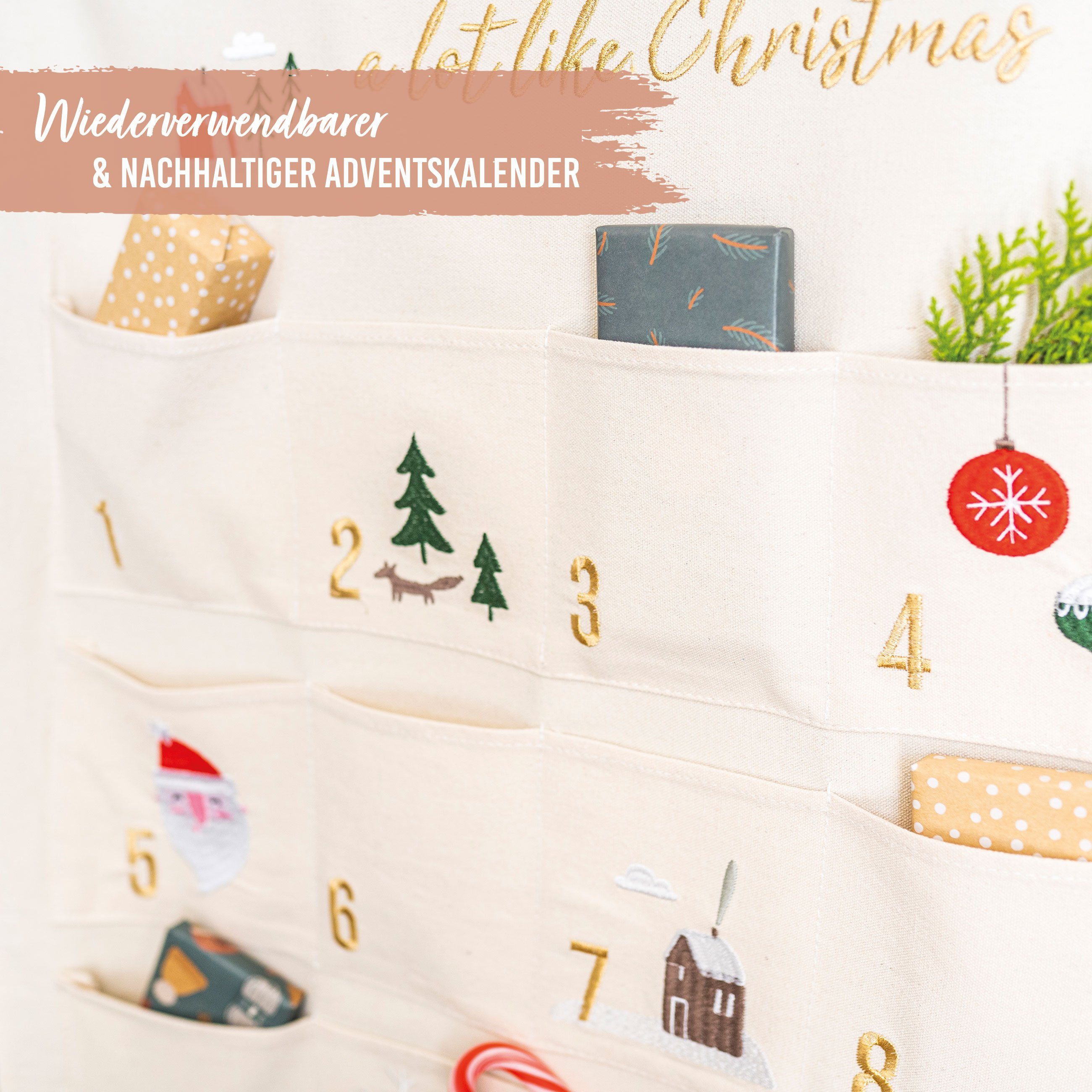 PAPIERDRACHEN befüllbarer Adventskalender Adventskalender Wandteppich aus Stoff zum Befüllen-hochwertig bestickt – Bild 3 von 5