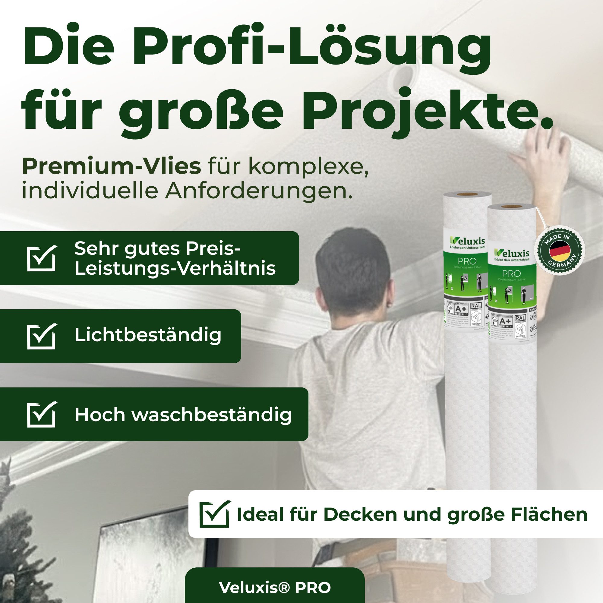 Veluxis Malervlies PRO Vliestapete, Top Preis-Leistungs-Verhältnis, rissüberbrückend, Made in Germany