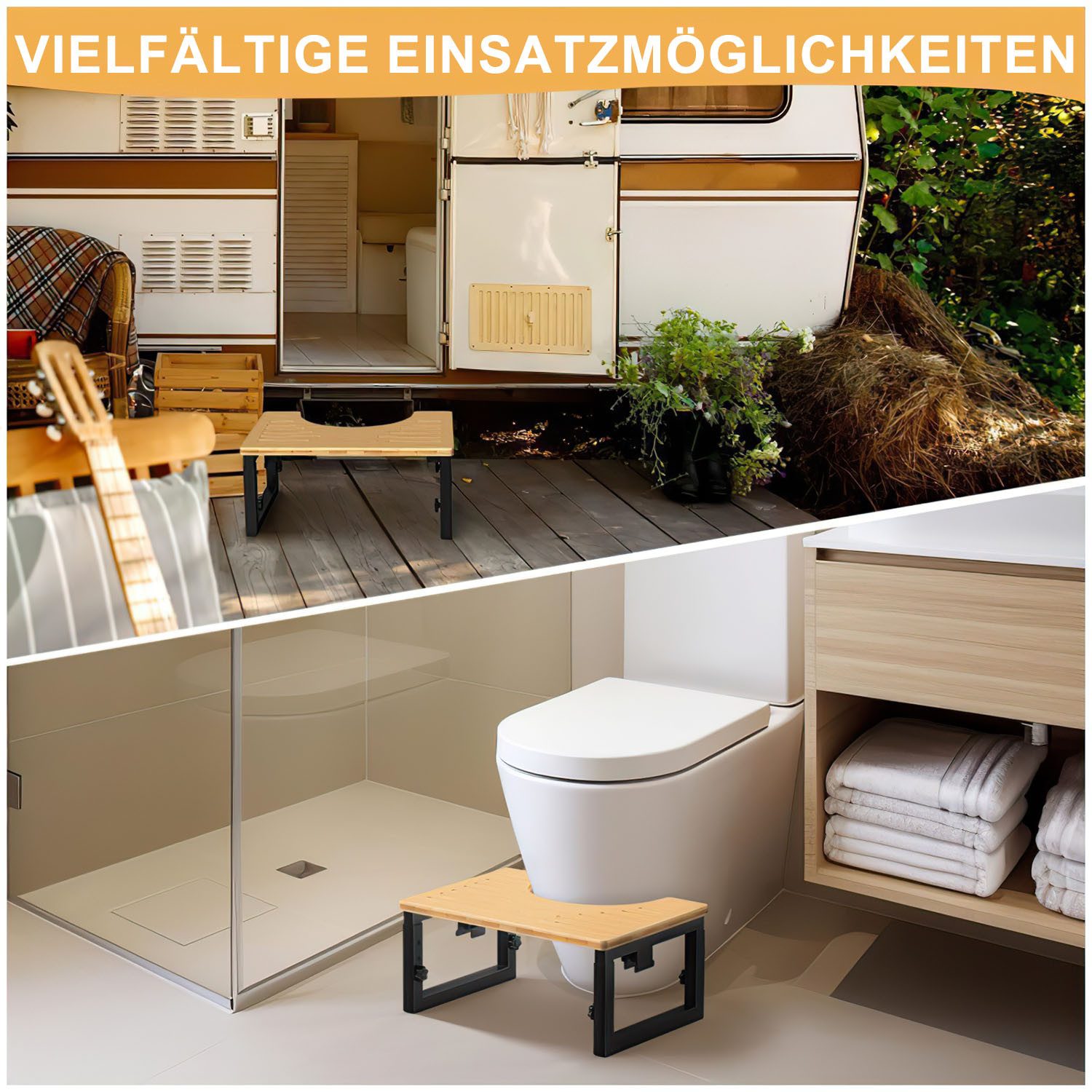 HEYHIPPO Tritthocker Klappbarer Toilettenhocker Höhenverstellbarer Fußhocker Holzfarbe (Stabiler und tragbarer Toilettentritthocker mit geringem Platzbedarf, Ein Tritthocker), Rutschfester Fußhocker für Erwachsene und Kinder aus Bambus