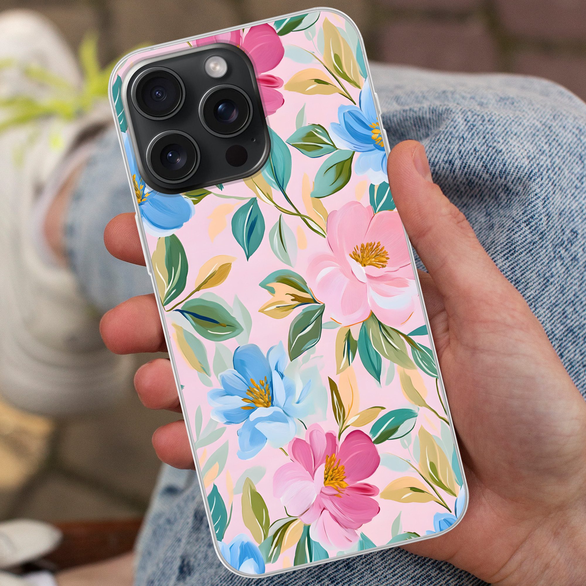 MuchoWow Handyhülle für Apple iPhone 15 Pro Max Blau - Rosa - Blumen, Smartphone-Bumper, Print, Handy Schutzhülle Dünn